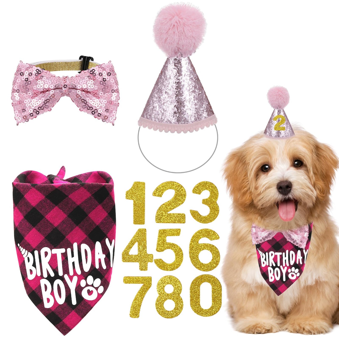 Dog Birthday Decorations Pink Dog Birthday Hat Dog Bow Tie Dog Birthday Bandana Boy Dog Party Decorations Dog Birthday Outfit for Small Medium Large Dogs