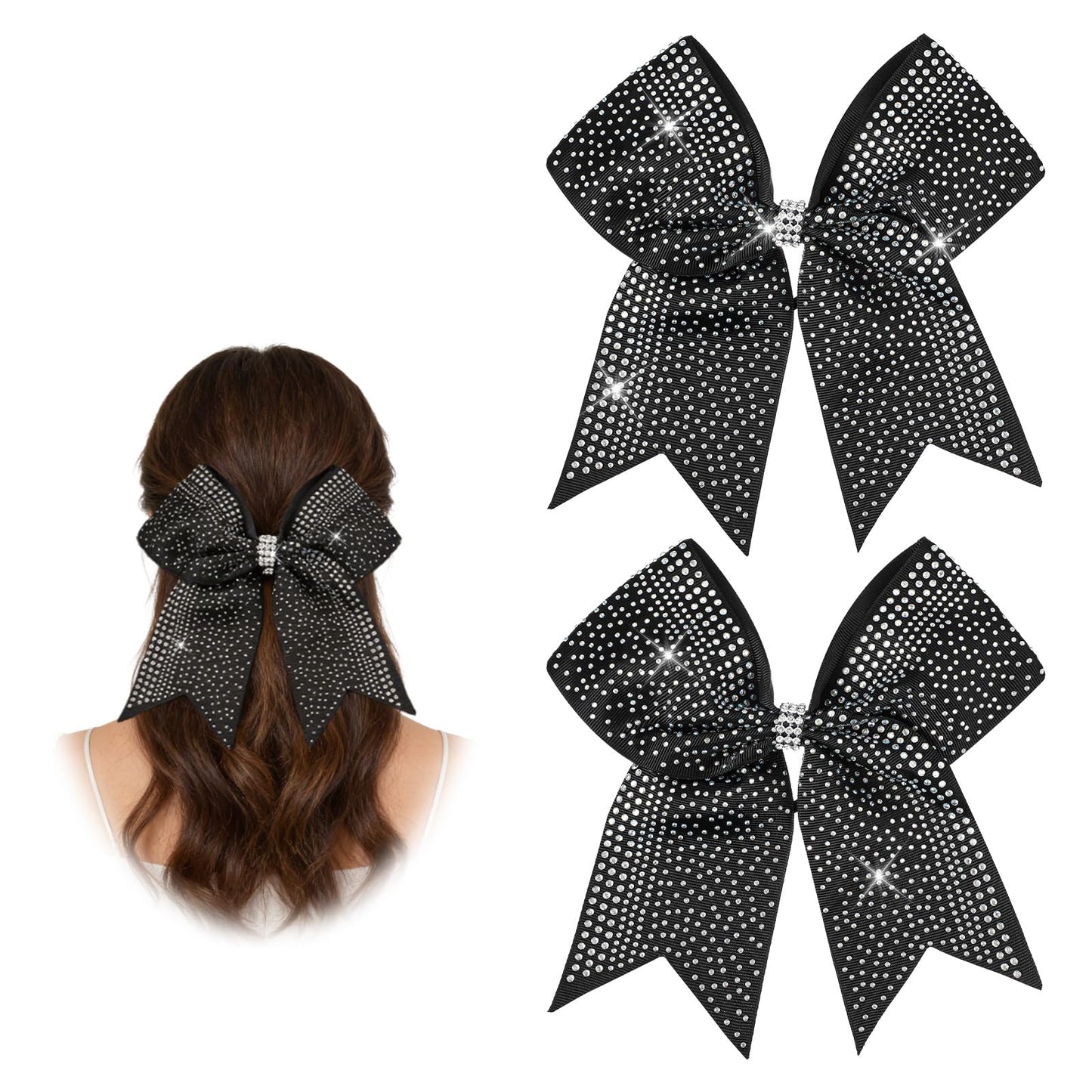 2PCS 8" black cheer bow With Rhinestones - Large Glitter cheer bows For Cheerleader Dance Sports - Sparkling cheerleading bows Hair Elastic Band Ponytail Holder