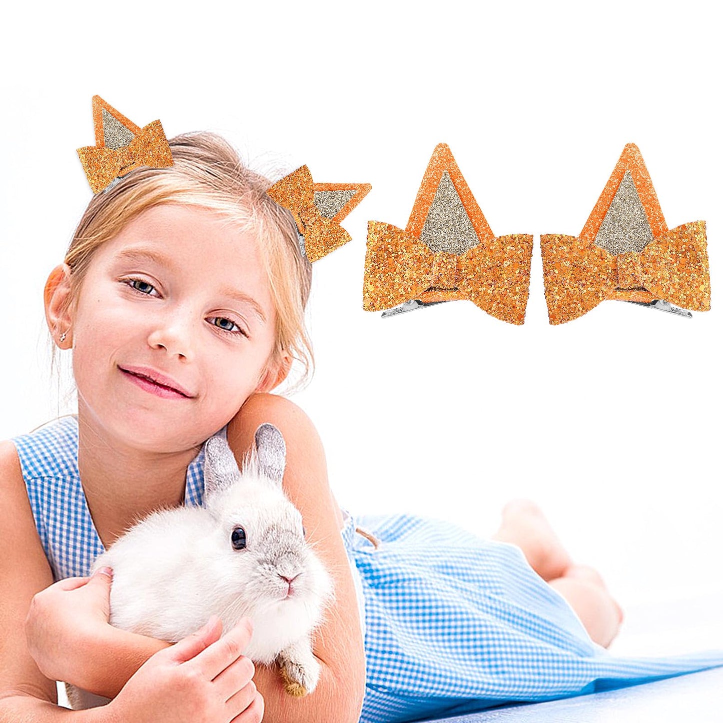 1 Pair Blue Ears Hair Clip, Dog Ears Hair Clips Glitter Blue Ears for Kids Blue Bow Hair Barrettes Birthday Decorations Halloween Costume Cosplay Accessories Party Supplies (Orange)