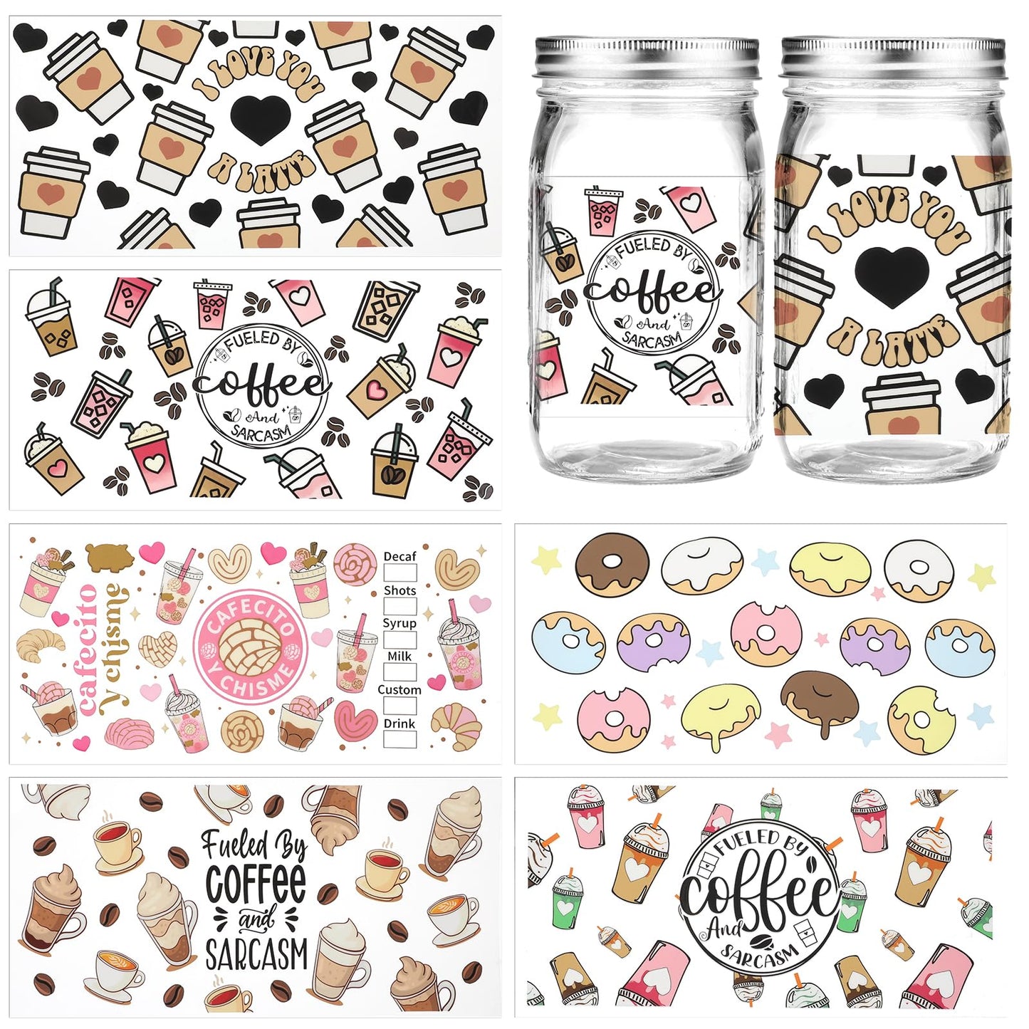 6 Sheets Cute Stickers Waterproof Transfer Vinyl Stickers for Glass Cup Cake Ice Cream Coffee Stickers for Scrapbooking Furniture Laptop