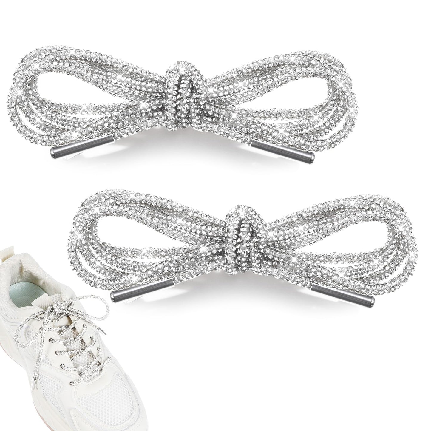 HaiFafafaing 2pcs Rhinestone Shoe Laces Bling Glitter Shoe Lace Diamond Rope Shoes Strings For Sneakers Shoelaces For Hoodies(Silver)