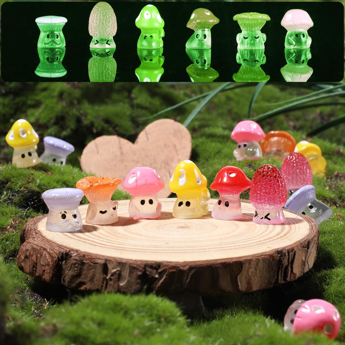 Lusofie 54Pcs Glow in the Dark Mushroom Figurines - Enchanted Fairy Garden Decor with Mini Resin Fungi, Waterproof Terrarium Accessories for Bonsai/DIY Crafts (1-2cm Height, Non-Toxic)