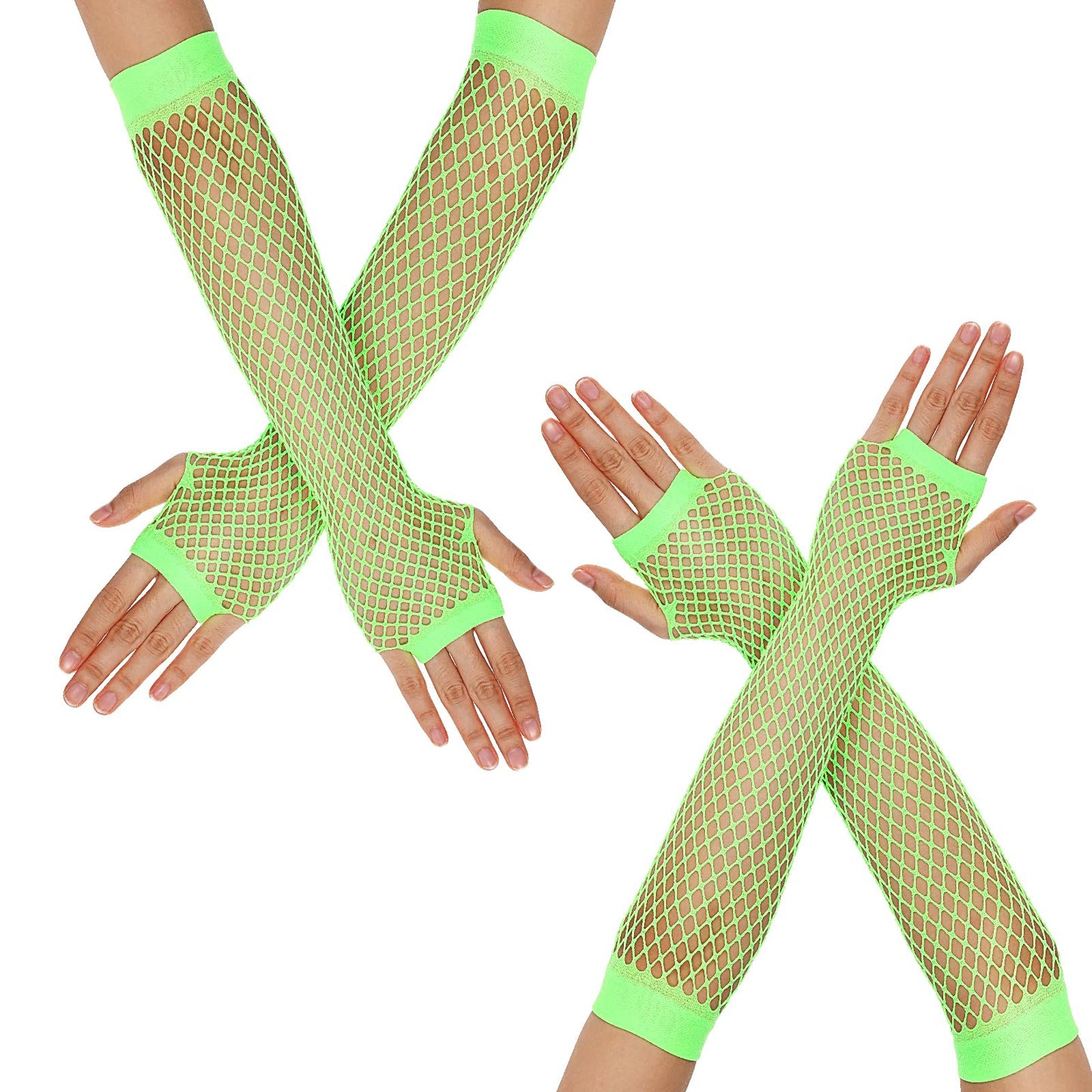 Yolev 2 Pairs of Fingerless Fishnet Gloves Long Fishnet Fingerless Gloves 80s Neon Party Gloves Prom Party Halloween Cosplay (Fluorescent Green)