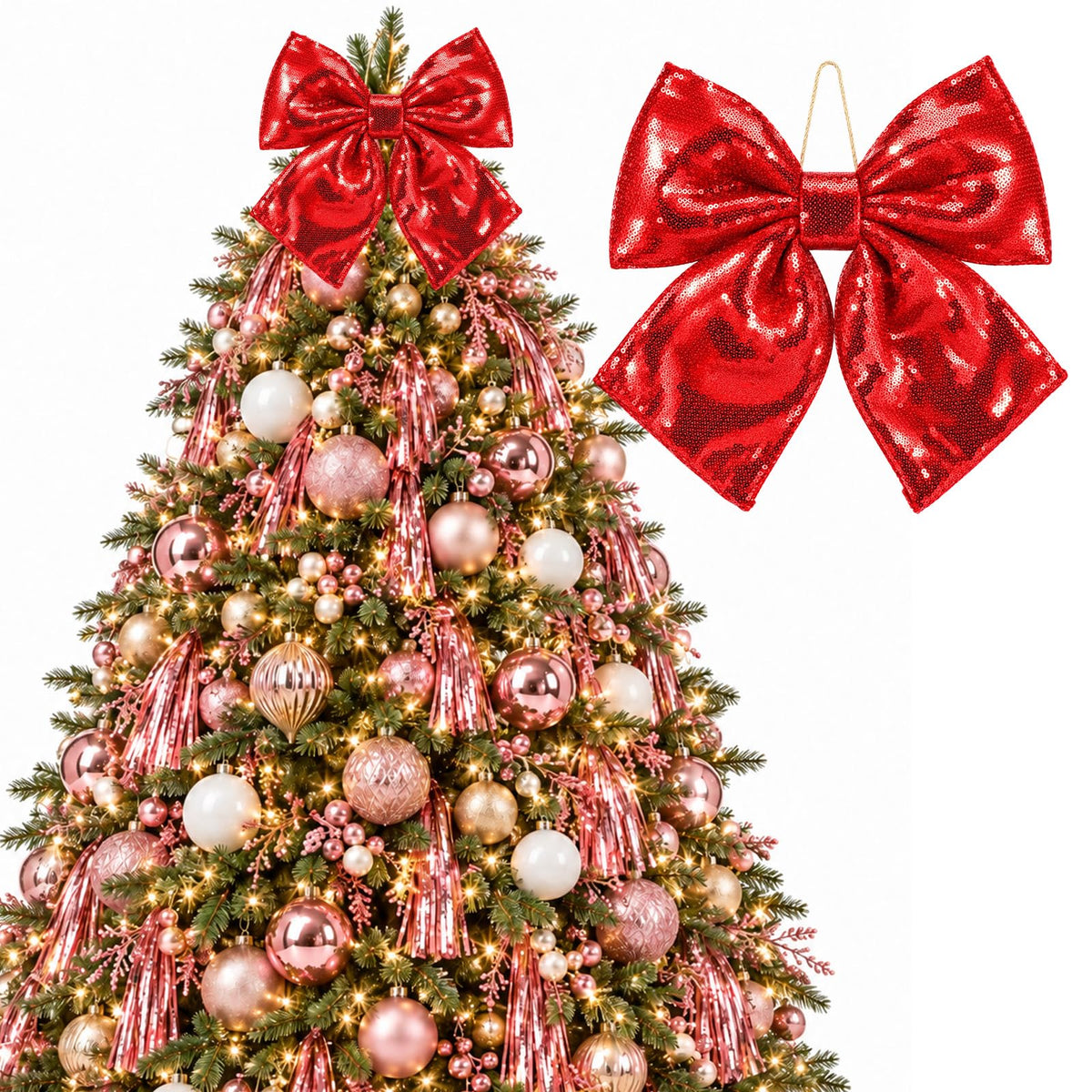 Christmas Tree Bows Large Red Sequins Christmas Tree Topper Bow