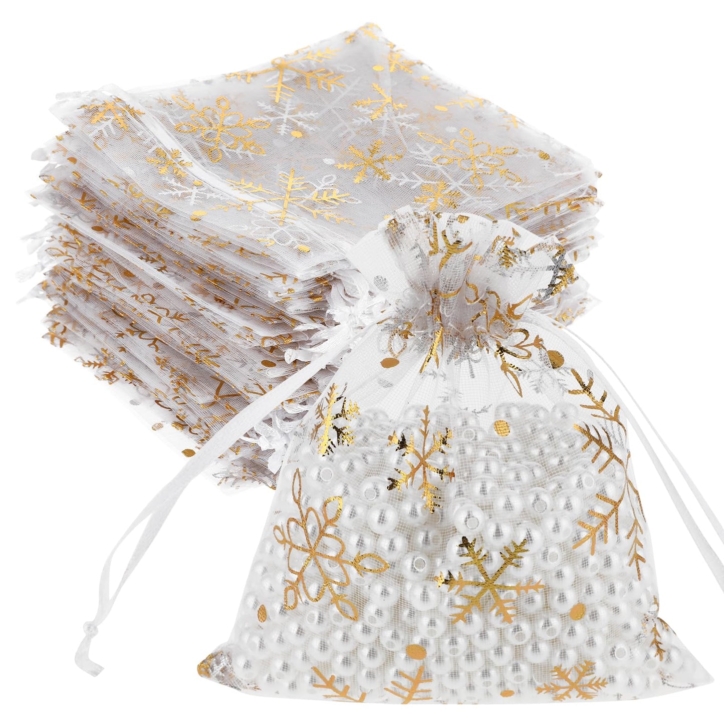 Lusofie 100 Pcs Snowflake Organza Gift Bags Christmas White Christmas Gift Bags 4.7 X3.5 Inch Mesh Jewelry Bags With Drawstring for Jewelry Candy Holiday Party Favor Bags