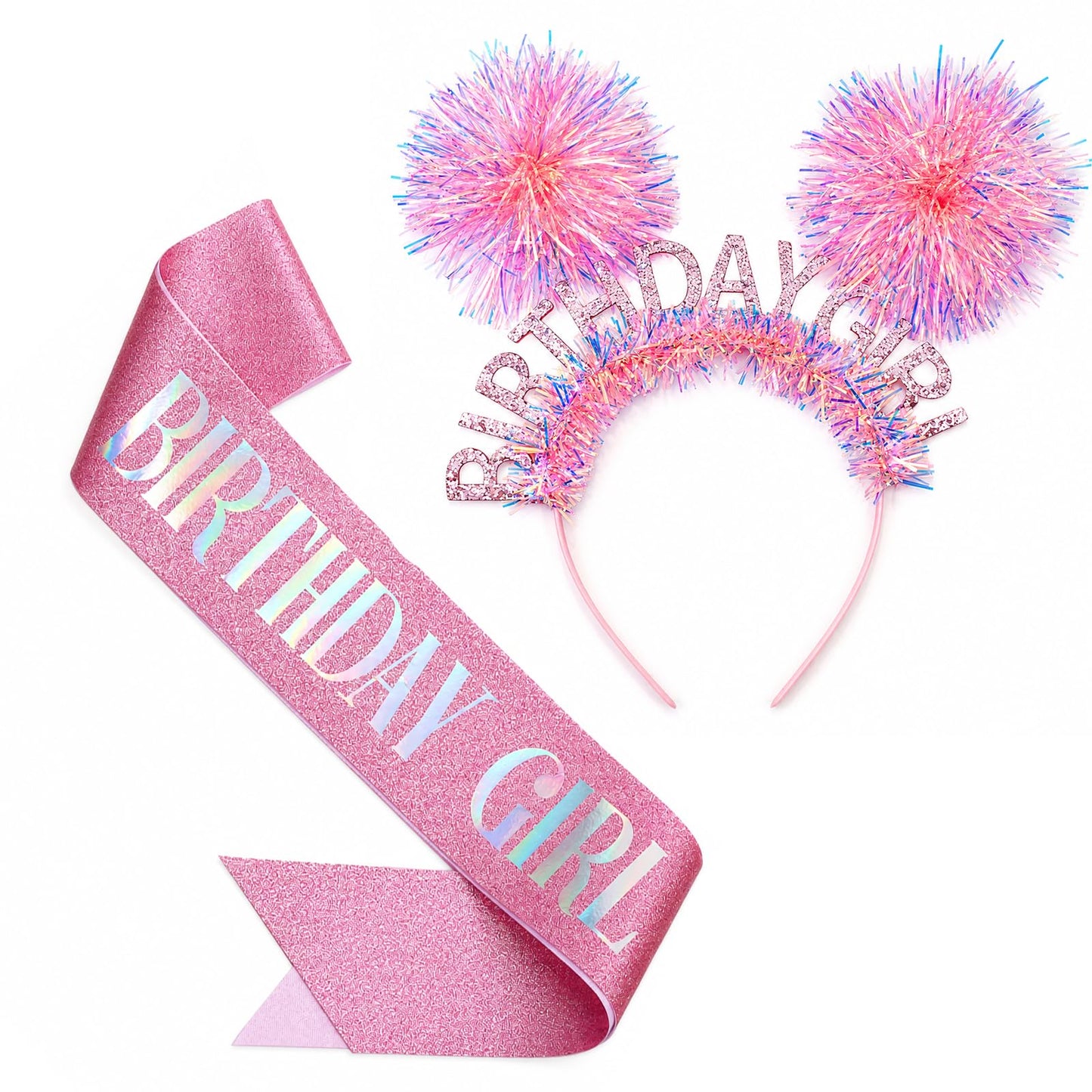 Birthday Girl Crown and Sash Sparkly Pink Pom-Pom Birthday Tiara and Sash