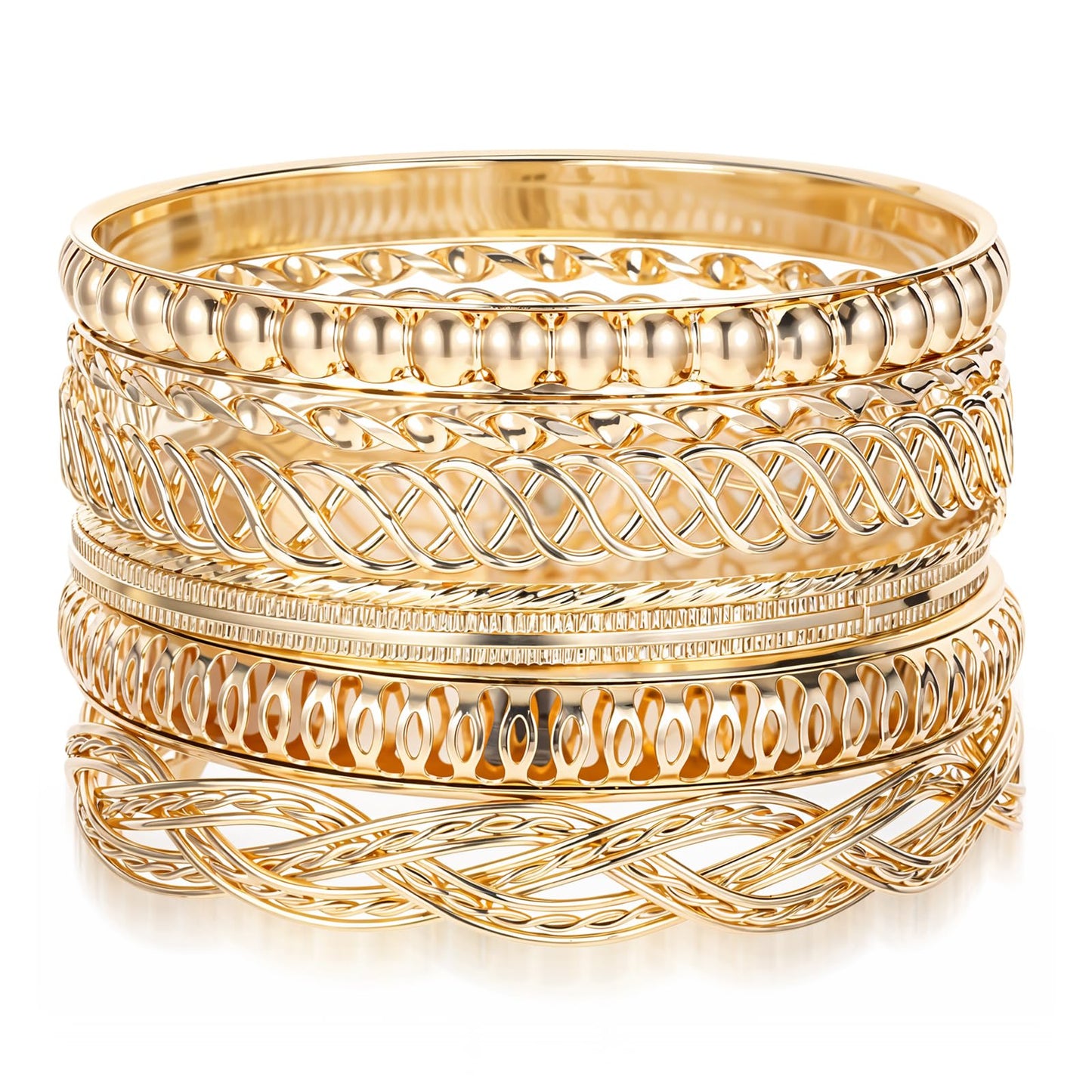 7Pcs Gold Bangles Bracelets for Women, Multi Layer Stackable Gold Plated Bangles Bracelet Set, Non Tarnish Textured Boho Indian Jewelry Gift for Women