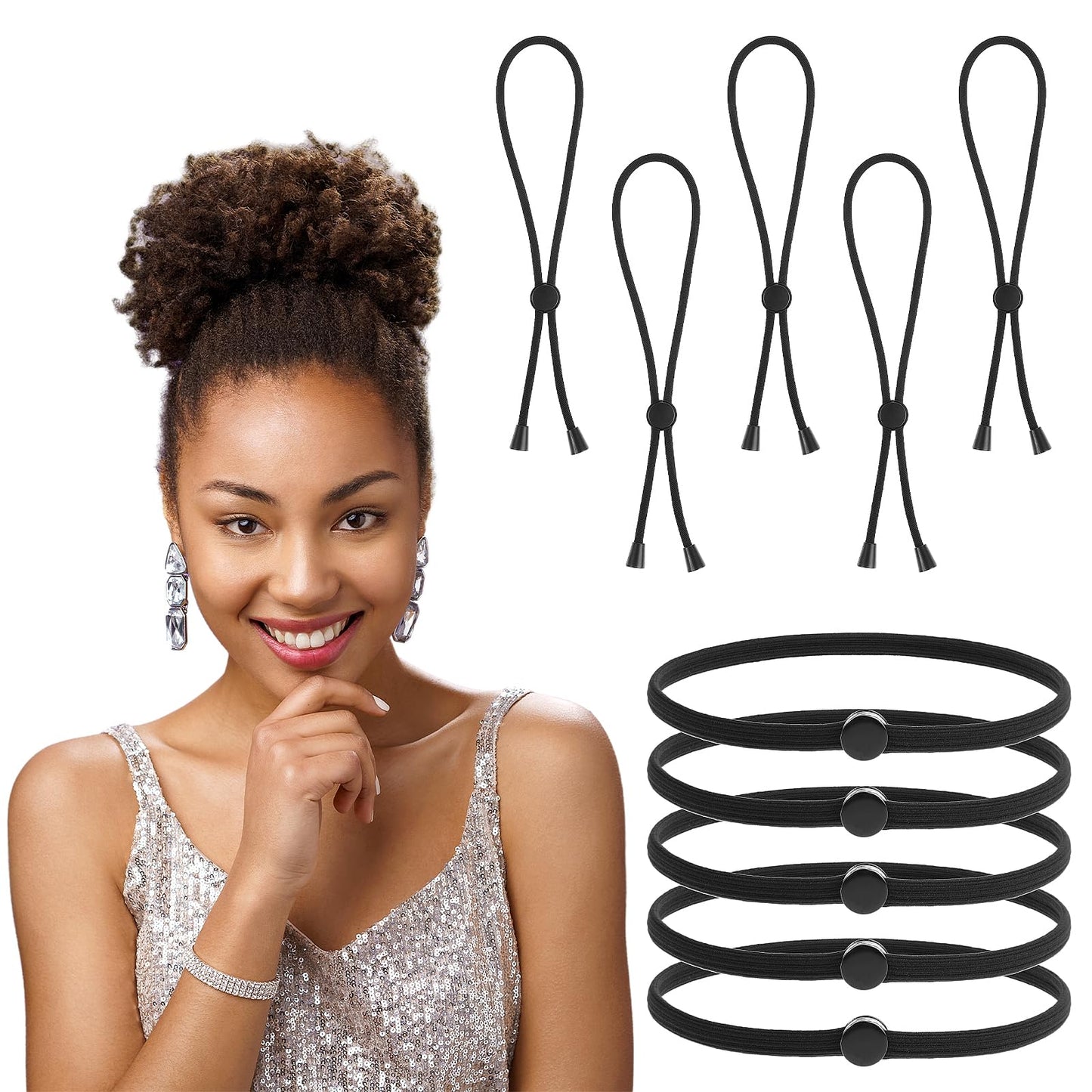 10pcs Adjustable Long Hair Ties Black Puff Cuff for Curly Hair for Women Natrual Curly Hair/Thick Hair/Kinky Hair,Afro Puff Pnoytail Large Hair Ties