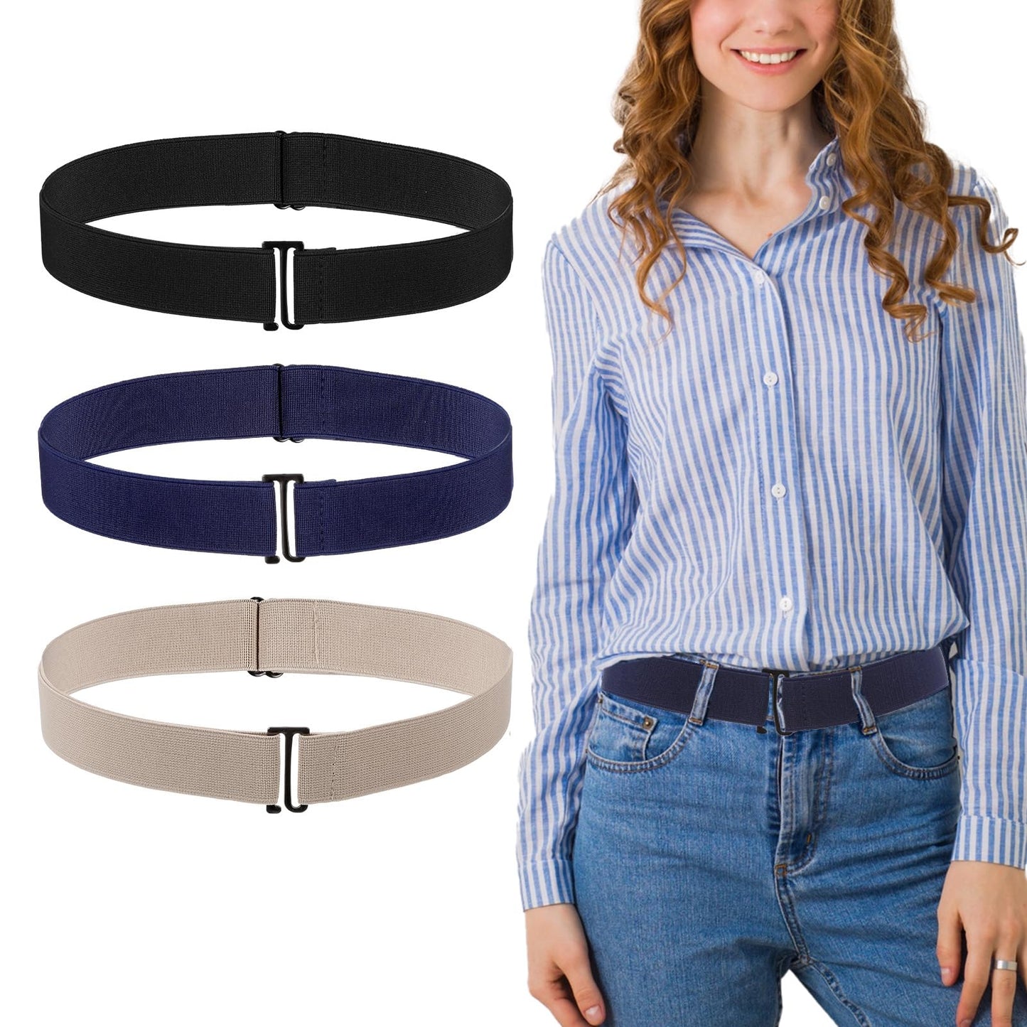No Show Elastic Stretch Belt 3 Packs,Elastic Womens Belt,Invisible Stretch Belts for Women Men Flat Buckle Strap Belts For Jeans Pants Dresses