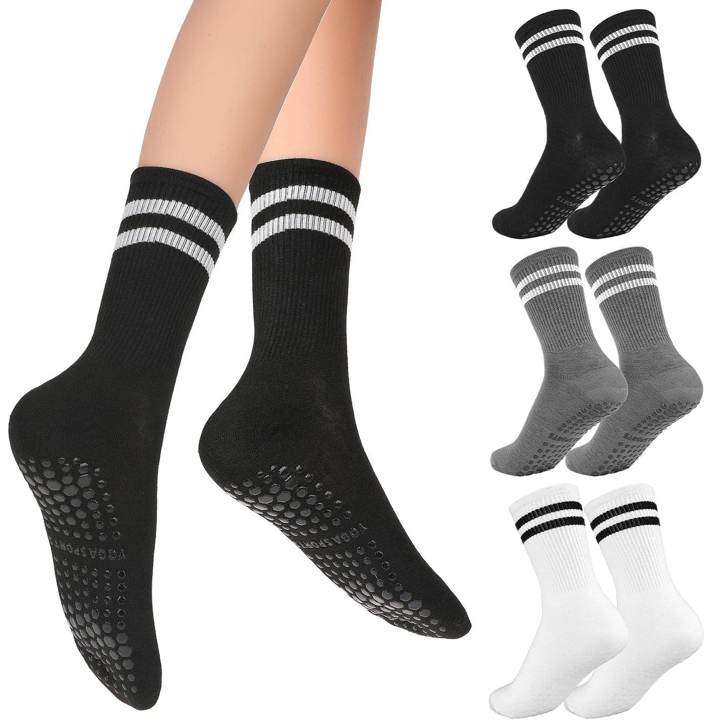Lusofie 3 Pairs Pilates Grip Socks Yoga Socks Non Slip Pilates Socks Long Pilates Socks With Grips for Women Girl(Black, White, Gray)