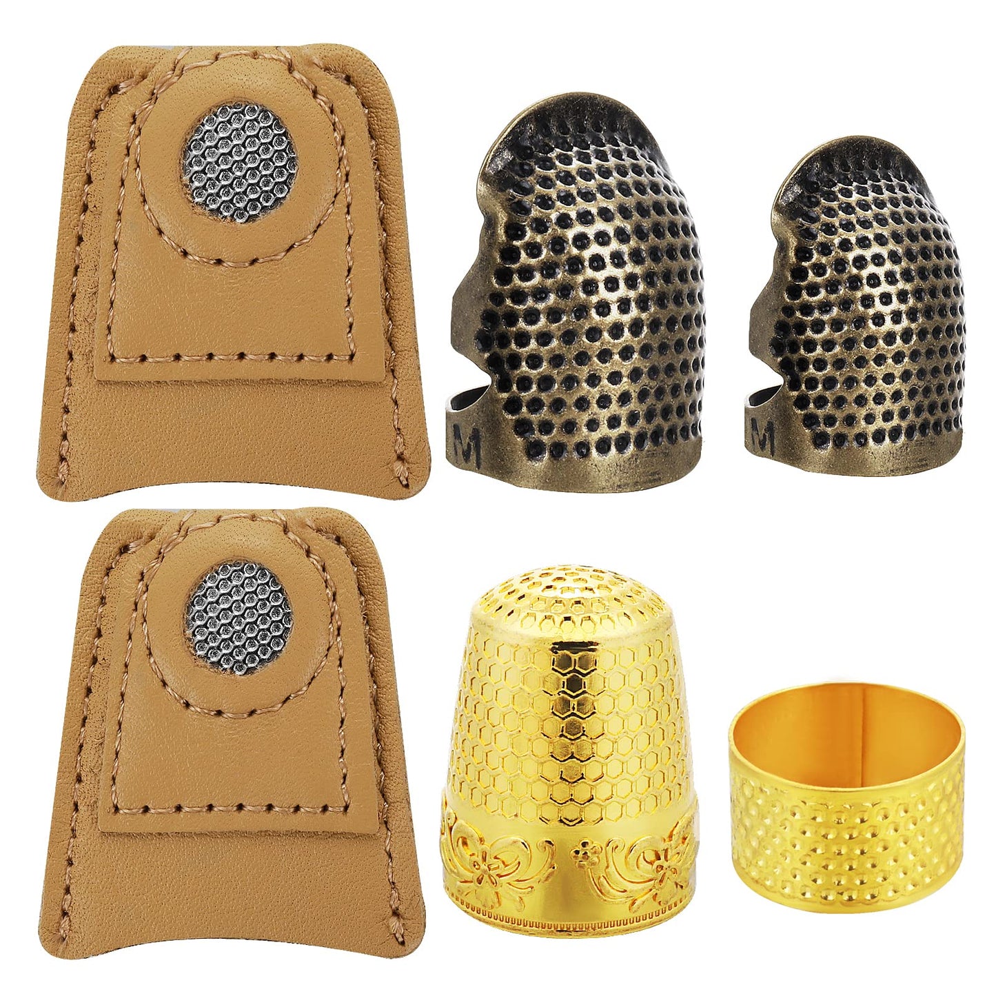 6 Piece Sewing Thimble Adjustable Metal Finger Shield Ring and Leather Coin Finger Protectors, Sewing Thimble Cap for Knitting Quilting DIY Craft Tools