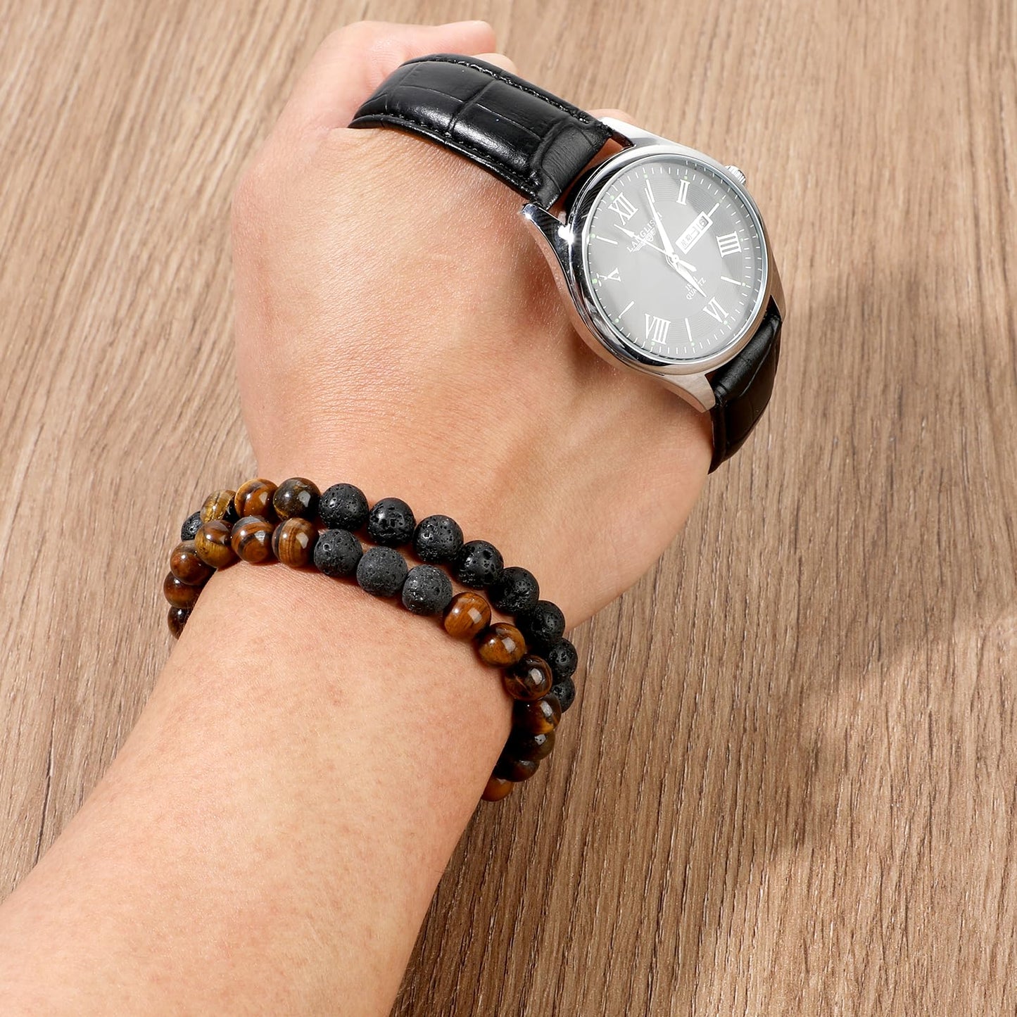 Telooco Beaded Bracelets for Men 2Pcs Lava Rock Bracelets 8mm Natural Stone Bracelets Set Tiger Eye Protection Bracelet for Men Women Gifts