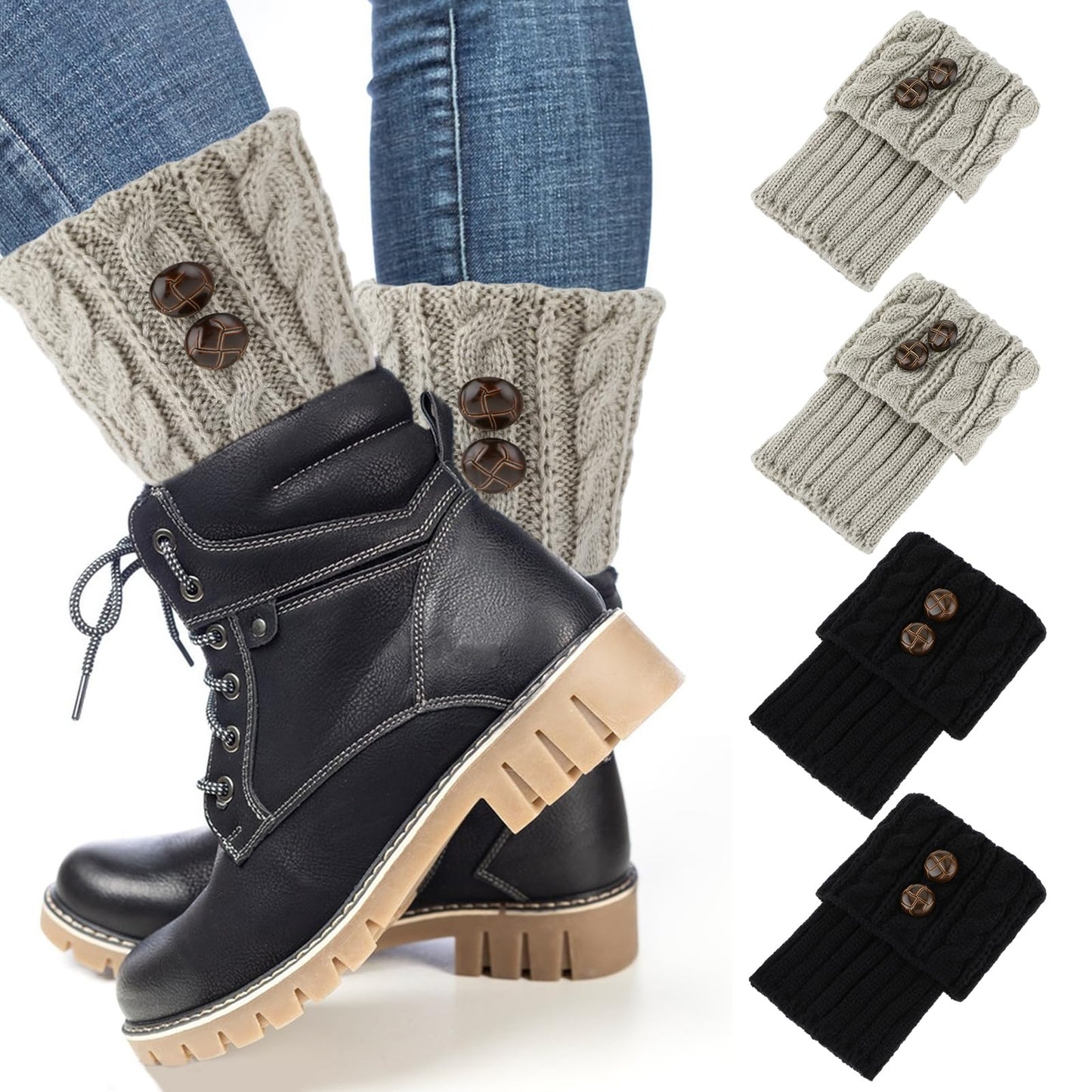 DIVINA VITAE 2 Pairs Winter Boot Cuffs for Women Knitted Crochet Boot Socks Short Leg Warmers Boot Topper Warm Short Boots Cuff Warm Cuff Socks Leg Cuffs Boot Warmers Gift(Black+Grey)
