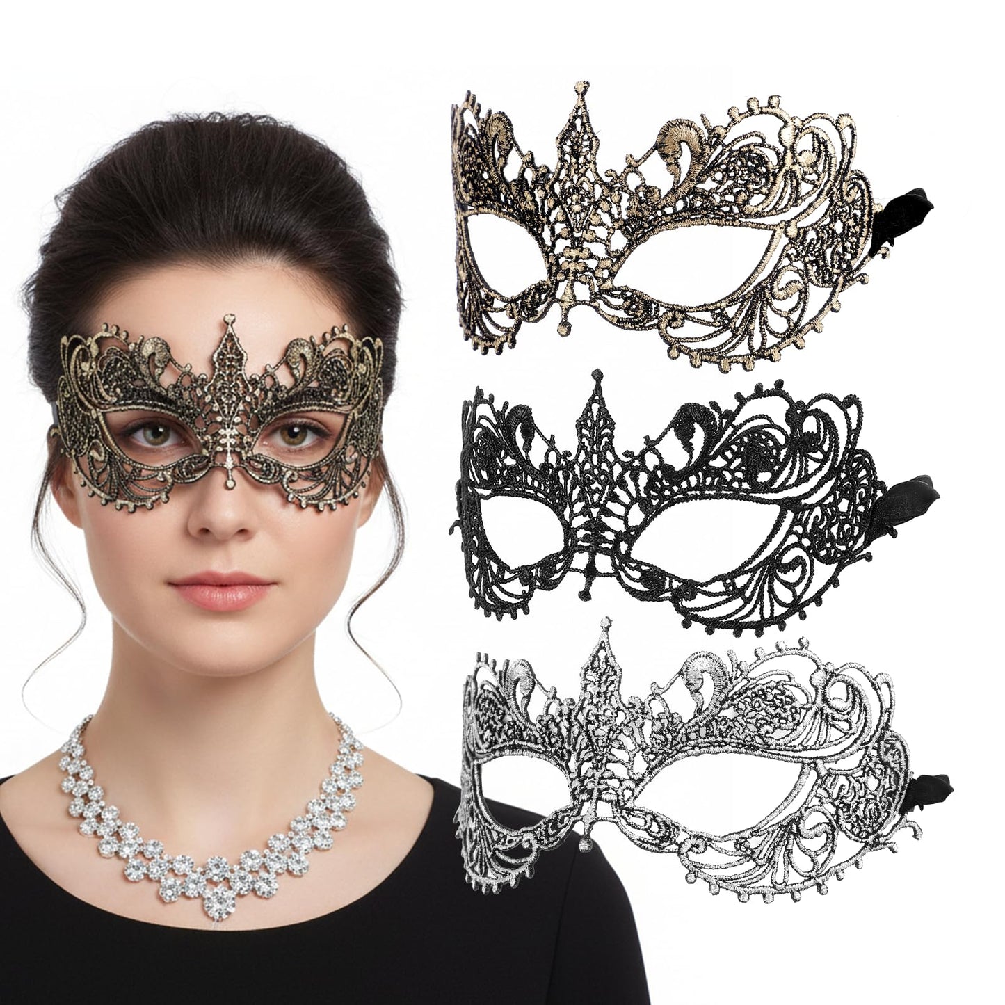 HaiFafafaing 3 Pcs Masquerade Mask for Women, Flower Venetian Masquerade Masks, Elegant Lace Mask for Party Prom Ball Costume Mardi Gras Party Supply