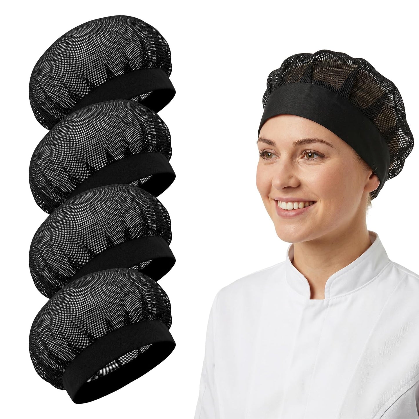 4 Pcs Chef Hat - Elastic Kitchen Cooking Hat for Women Men - Reusable Hair Nets for Food Service Mesh Chef Cap Black