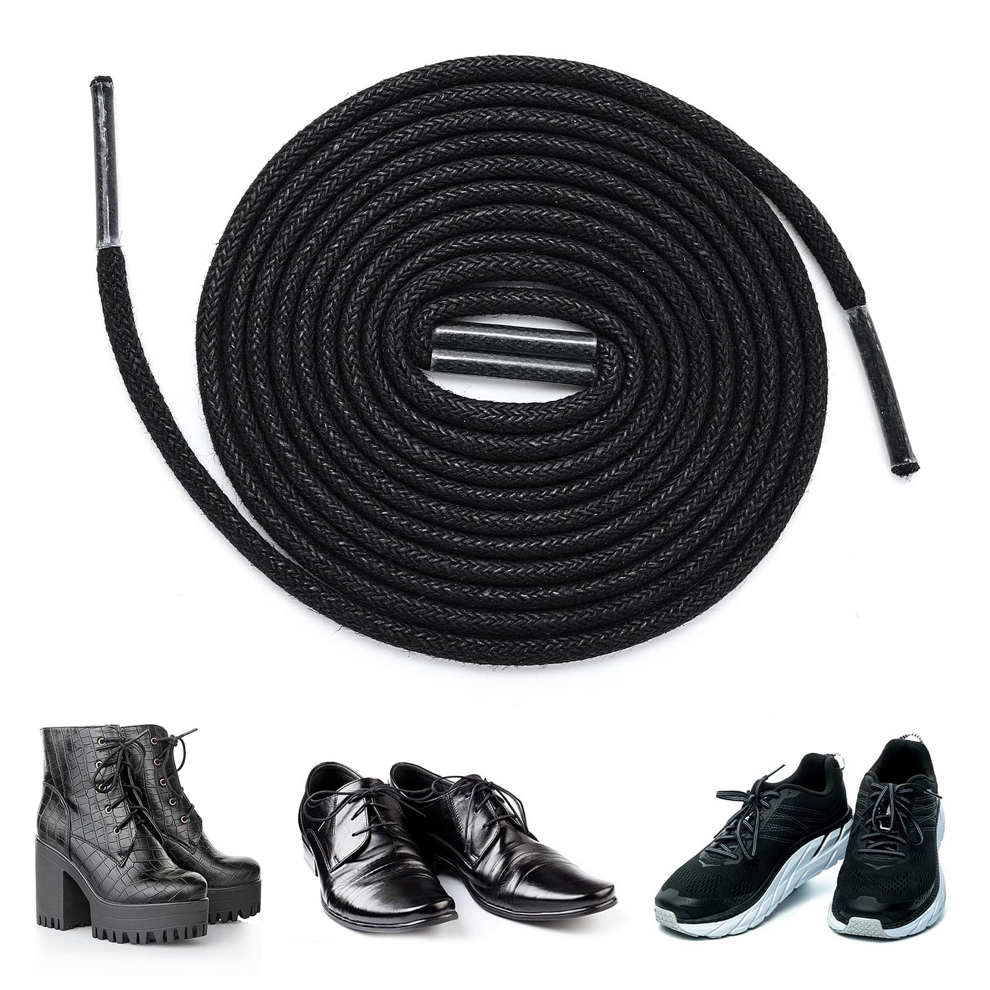 Lusofie 2Pairs Black Round Thin Shoe Laces 3MM Waxed Shoelaces Leather Shoes Laces Black Waxed Laces for Oxford Shoes Formal Dress Ankle Boots(1M, 0.8M)