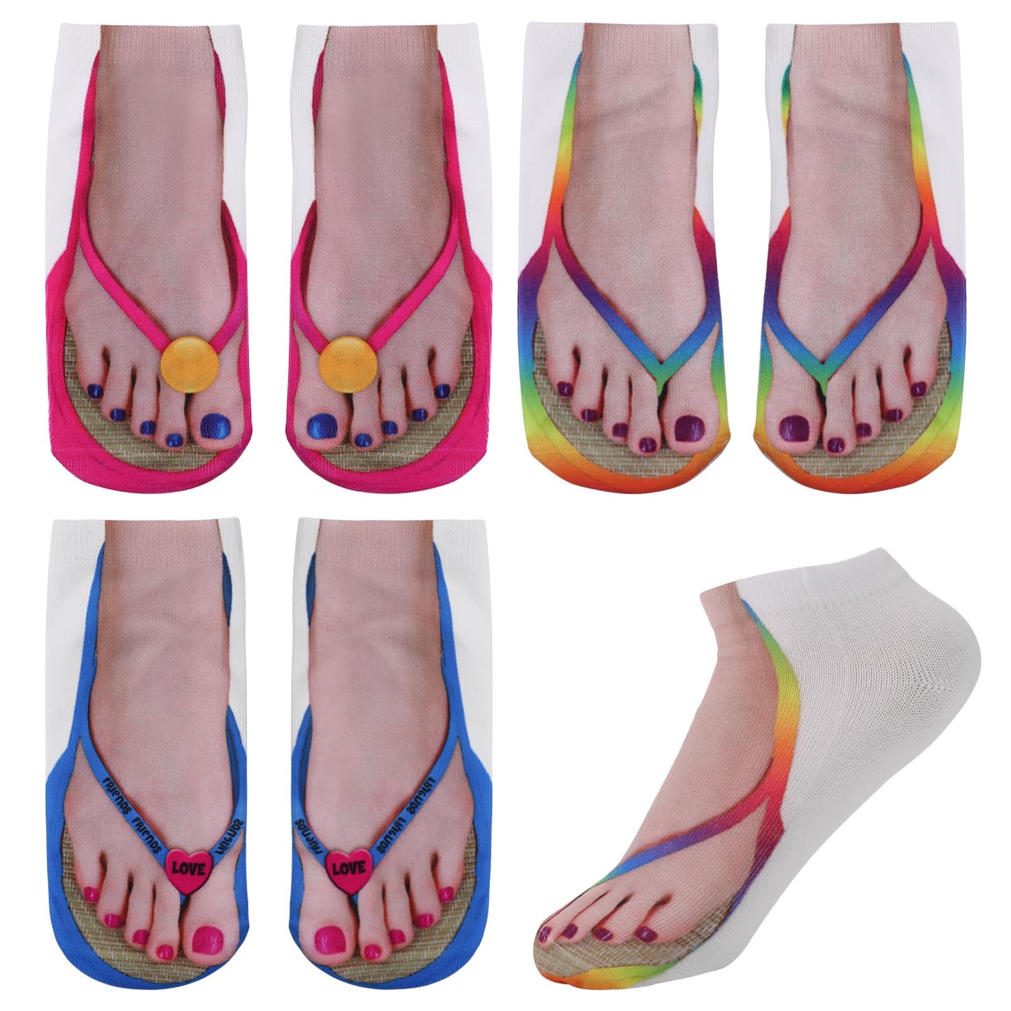 Yolev 3 Pairs Of Flip Flops Socks 3D Fun Print Socks Nail Art Print Novelty Ankle Socks Casual Personalized Unisex Cotton Socks