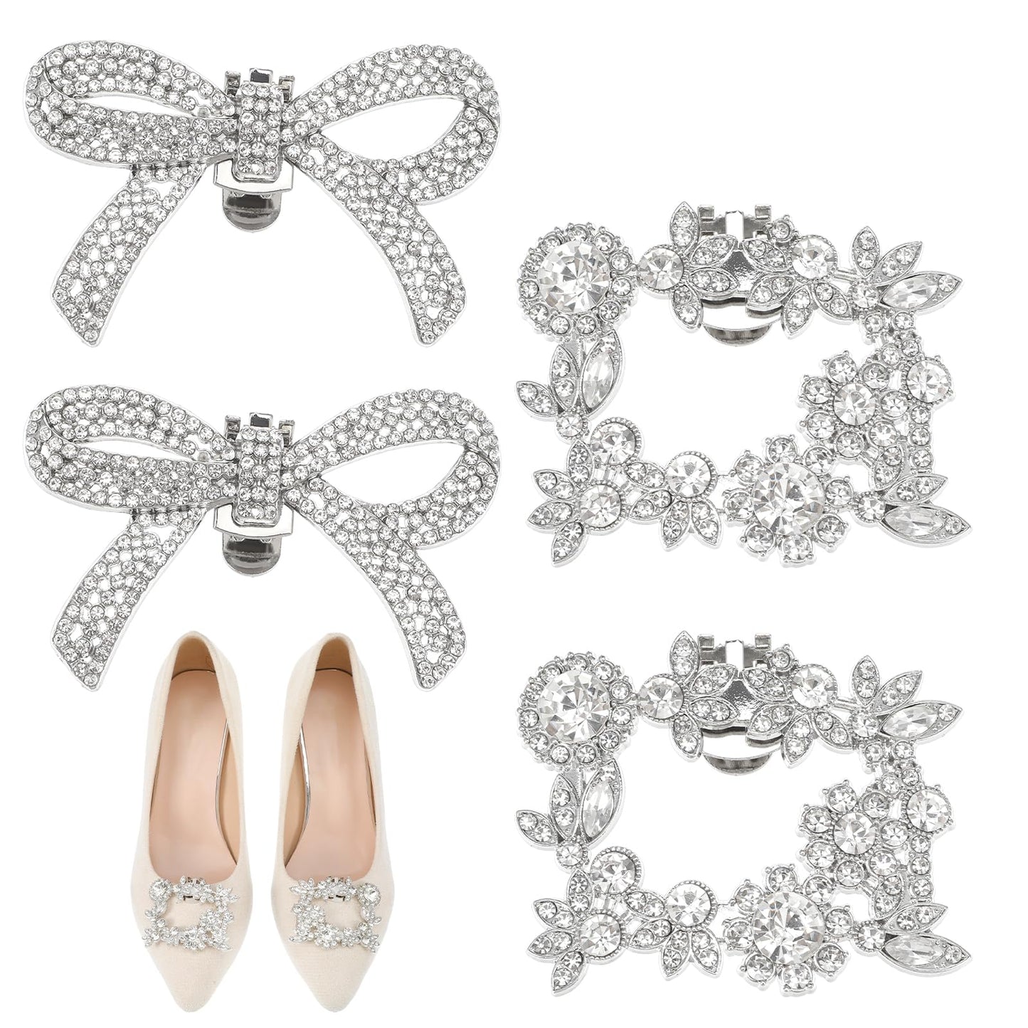 HaiFafafaing 4 PCS Rhinestone Shoe Clips,Crystal Square and Bow Shape Shoe Charms,Elegant Removable Decorative Shoes Clips for Women Dress Shoes,High Heels Accessories for Bridal Wedding Prom Party