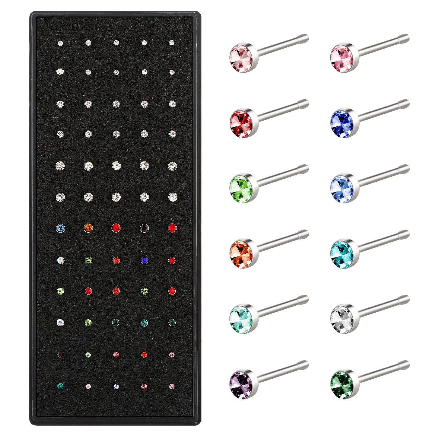 Yolev 60pcs Surgical Stainless Steel Nose Studs, Hypoallergenic Body Piercing Jewelry for Women Men Bone Silver Rose Gold Black Rainbow Pack Steel Faux Nose Piercing Nose Cuffs