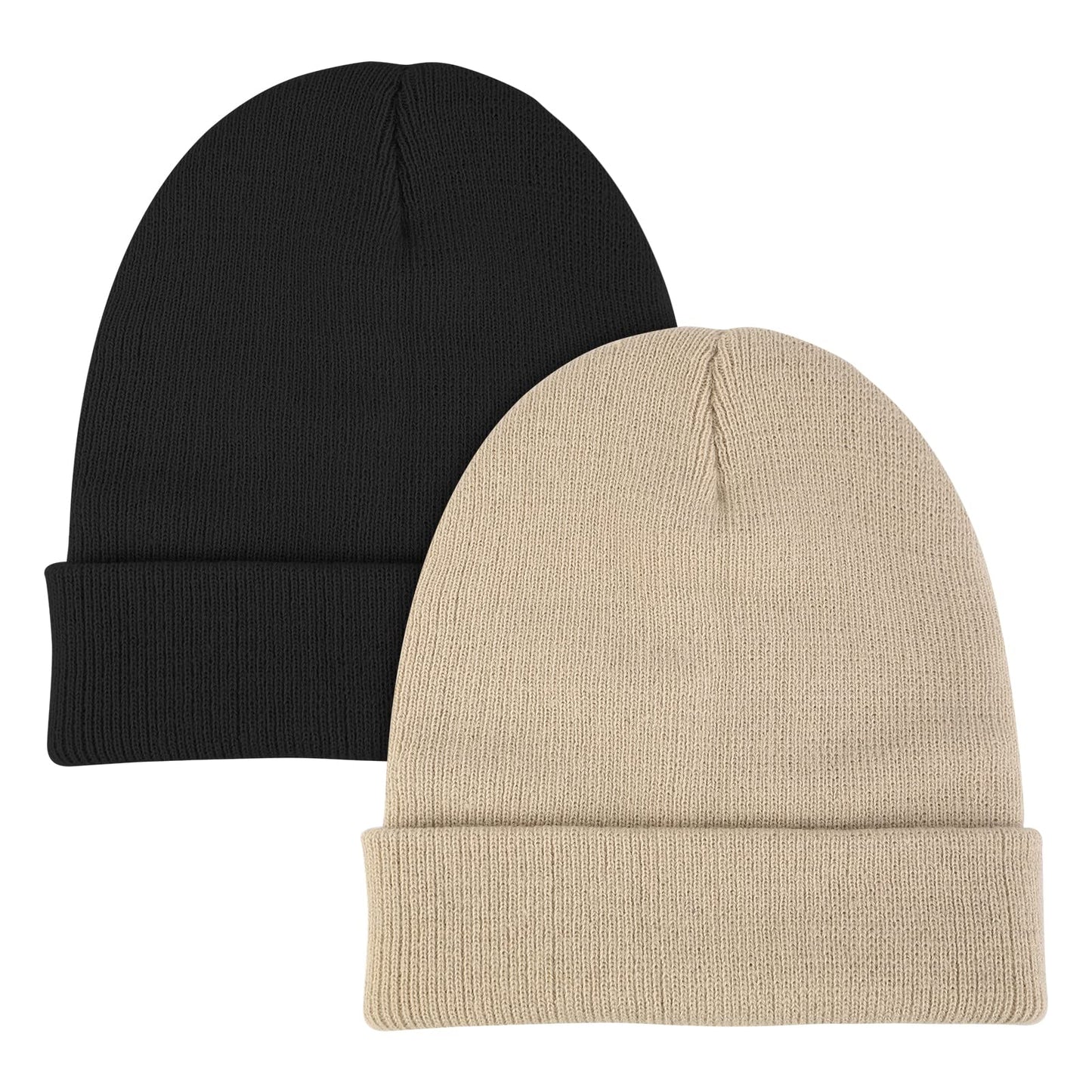 Lusofie 2 Pack Mens Beanie Hat Knit Winter Hat Beige Black Beanies Classic Cuffed Skull Cap for Men Women