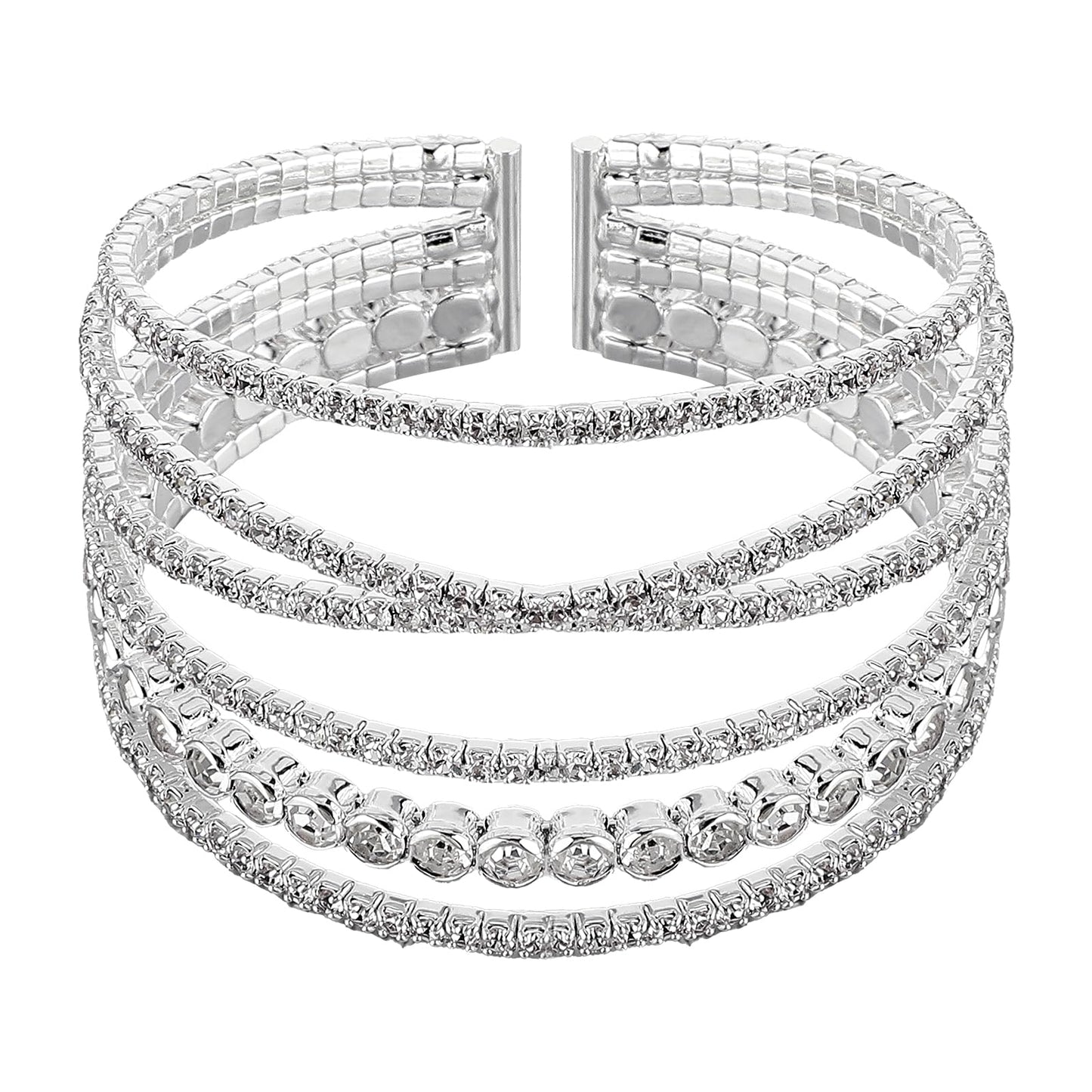Telooco MultiLayer Rhinestone Bracelet for Women Silver Arm Cuff Bracelet Crystal Layered Strand Bridal Bracelets for Wedding Dating Bachelor Party