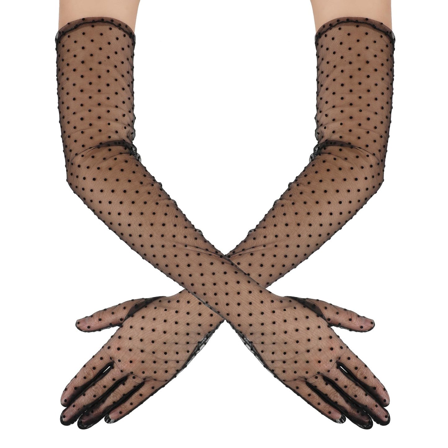 DIVINA VITAE Polka Dot Long Lace Tulle Gloves Black Sexy Sheer Gloves Vintage Mesh Gloves Elbow Length Sheer Gloves for Wedding Tea Party Dance 20s Opera Party Halloween Costume Sun Protection Gloves