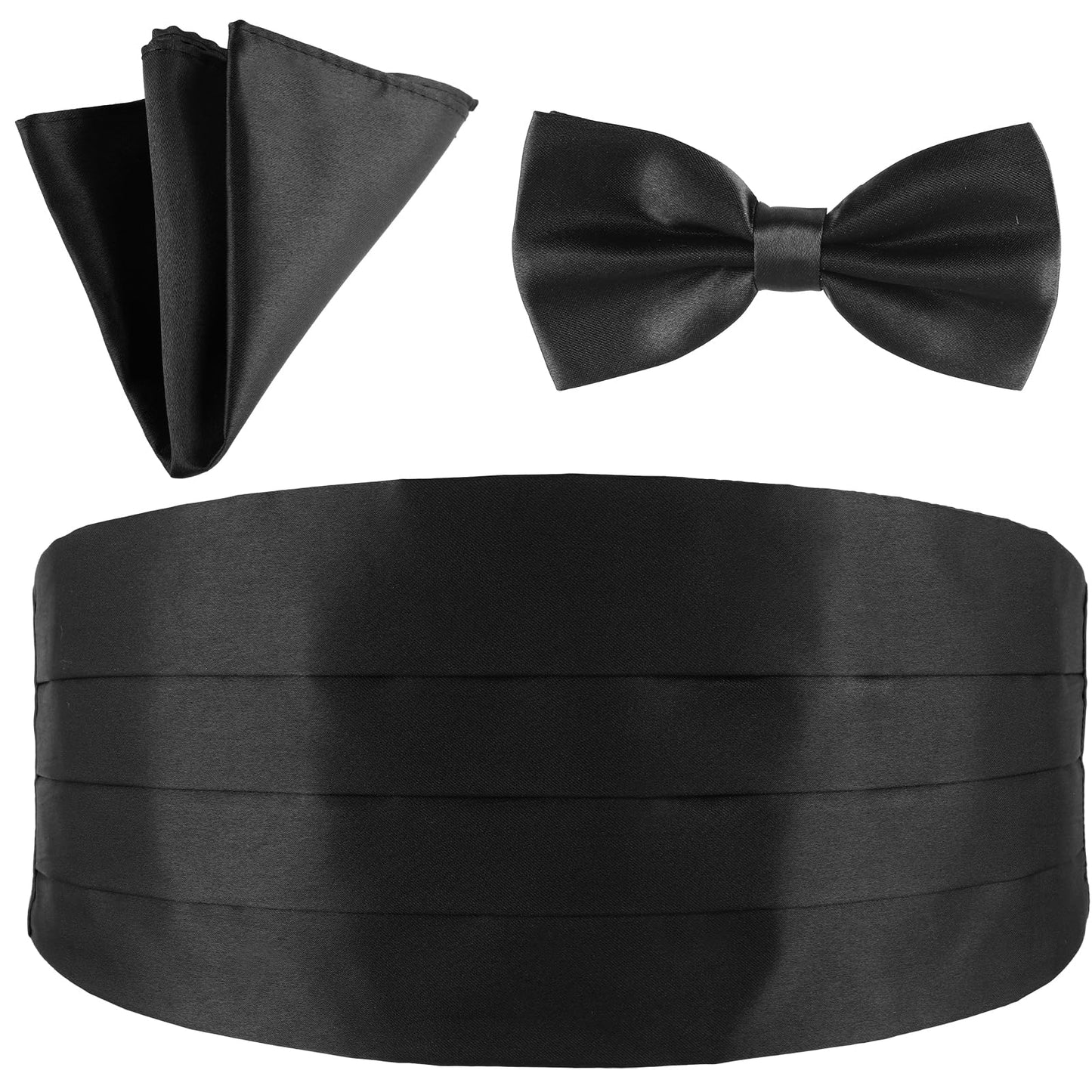 Lusofie Men's Cummerbund Bow Tie Set Adjustable Solid Color Tuxedo Cummerbund Mens Bow Tie Black Handkerchief Satin Material Clothing for Bar Party Wedding Special Occassions(Black)