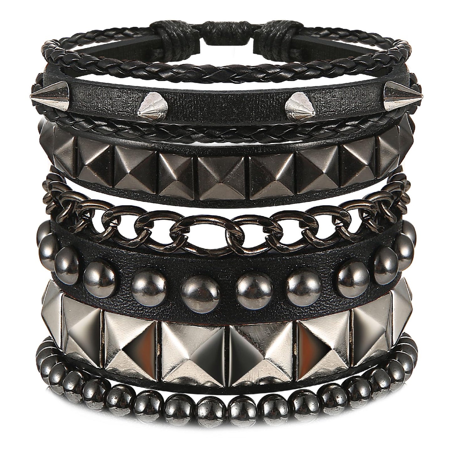 Yolev 4 Pcs Punk Leather Bracelet Hematite Black Braided Leather Bracelets Set Black for Men Women Adjustable Spike Metal Cuff Bangle Length Woven Leather Bracelet