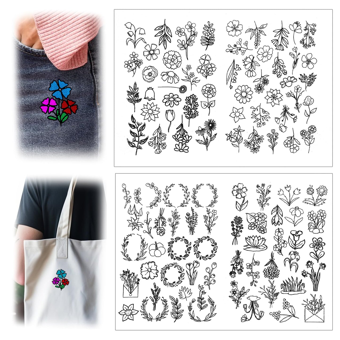 102 Pcs Stick and Stitch Embroidery Paper Water Soluble Embroidery Patterns Flower Embroidery Transfer Patterns Wash Away Embroidery Transfer Paper for Embroidery Hand Sewing Love