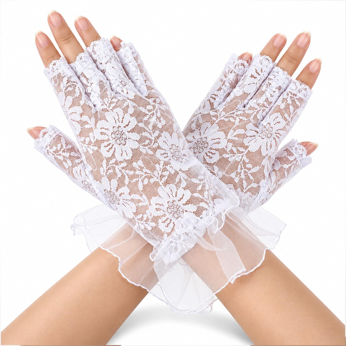 Women White Lace Fingerless Gloves,80s Short Floral Bridal Tea Party Gloves