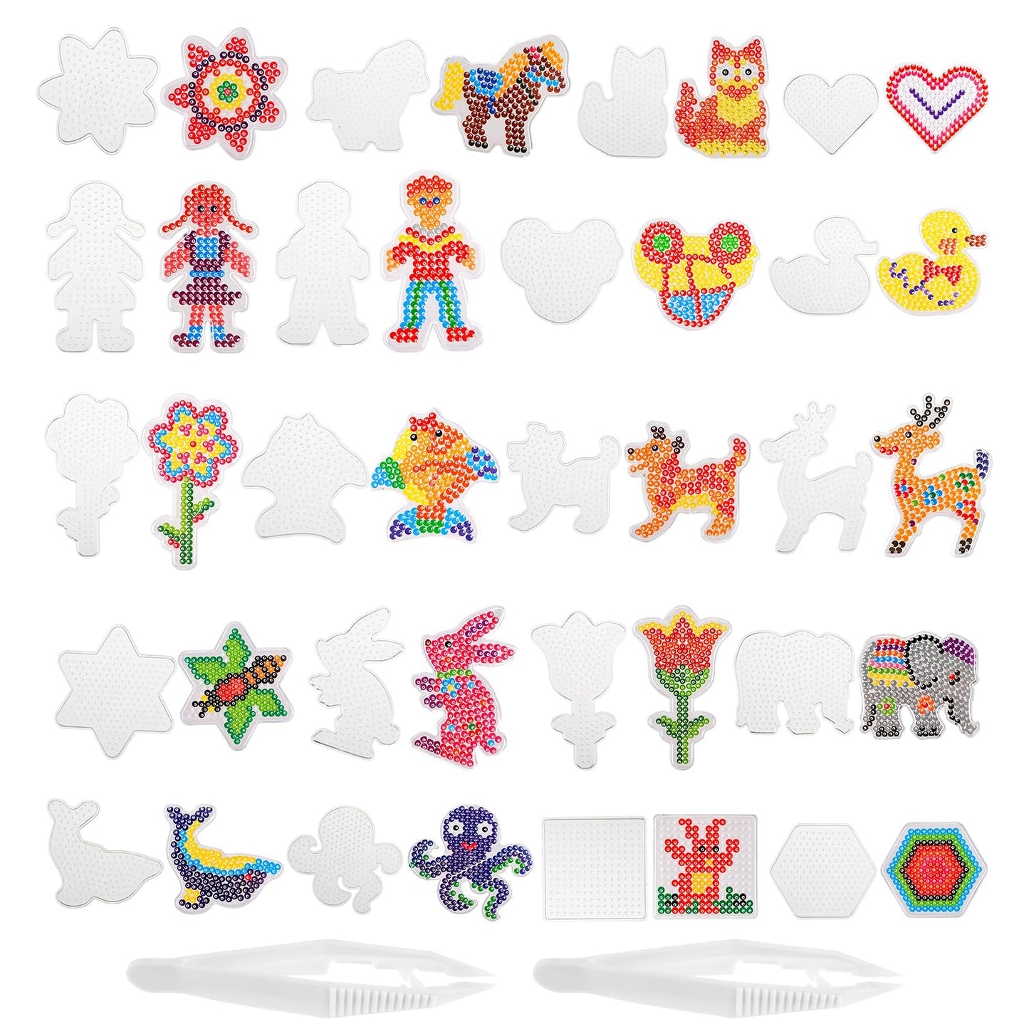 Telooco 20Pcs Beads Boards 5mm Clear Animal Shape Pegboards Plastic Bead Boards Craft Tray with 20 Pattern Template Paper Cards for Ironing Bead DIY Supplies Comes with 2 Tweezers