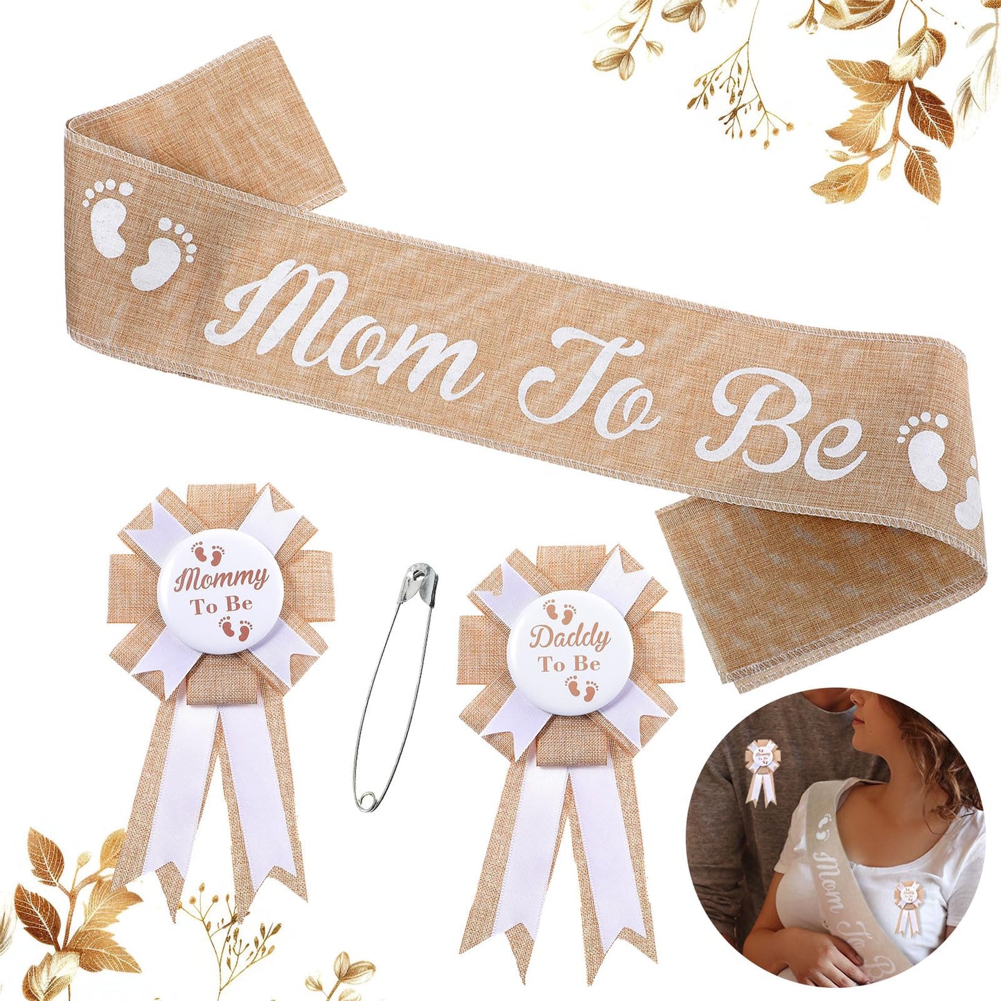 Neutral Mom to Be Sash Baby Shower Decorations,Burlap Mom to Be Sash Dad to Be Pin Baby Shower Decorations for Pregnant Mommy Gift Party Decorations