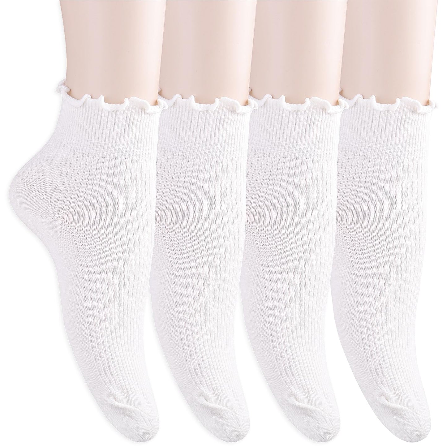 Yolev 4 Pairs frilly socks Cute Ruffle Ankle Socks for Women Cotton Girls White School Socks White Frilly Lace Top Bows Dance Shimmering Soft Soft Cotton Knit Lettuce Low Cut Frilly Crew Socks