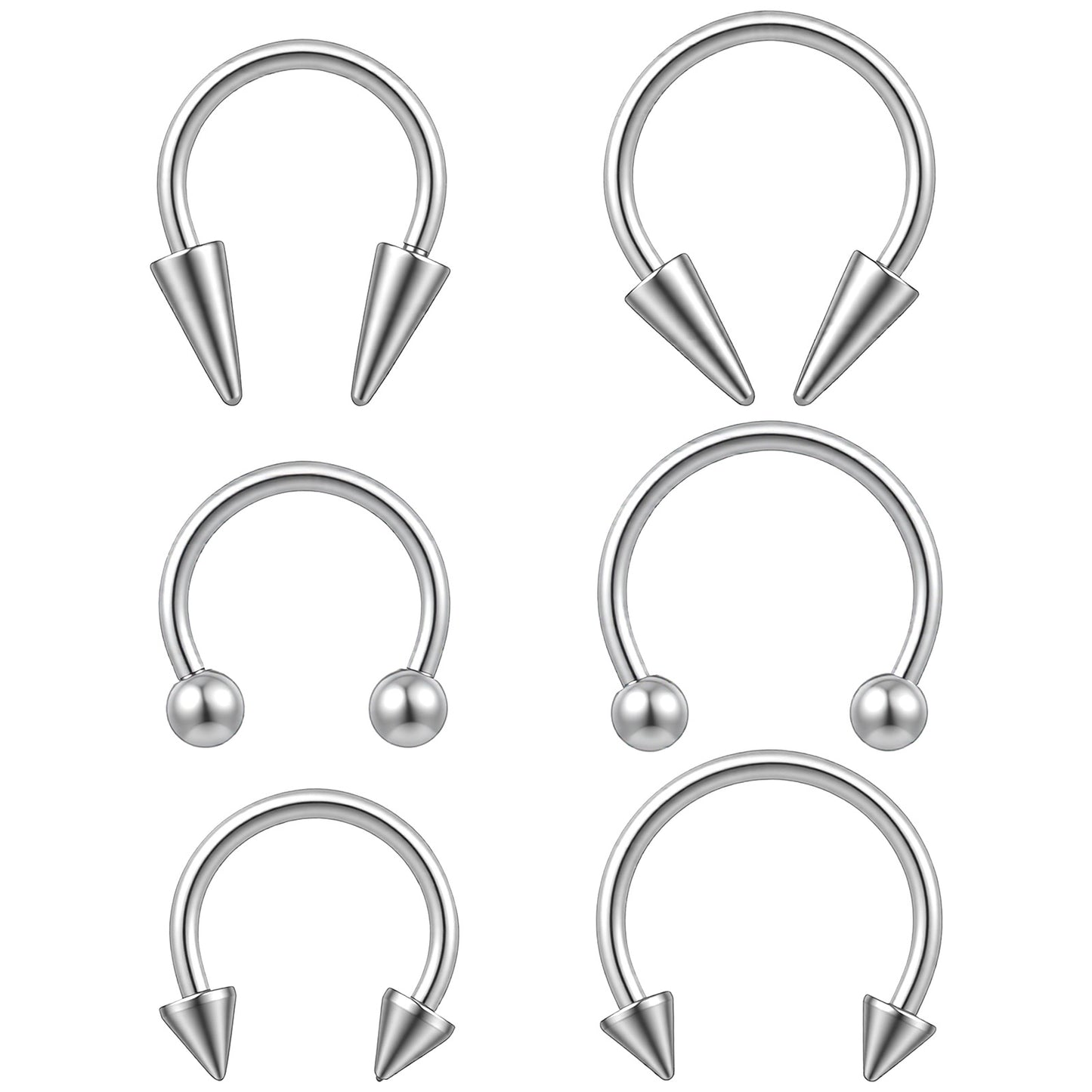 Yolev 6Pcs Silver Septum Jewelry 16G Surgical Steel Snake Bite Piercing Jewelry Long Spike/Ball Horseshoe Lip Rings Septum Helix Conch Piercing Jewelry for Women Men 8mm/10mm