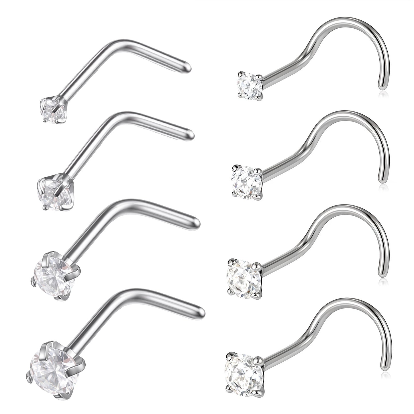 Tucnoeu 8pcs Nose Rings Studs, Silver Corkscrew Noses Studs for Unisex