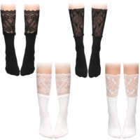 Josojoou 4 Pairs Women's Lace Socks, Calf Stocking with Lace Trim, Kawaii laciness Lolita Stocking Long Over Knee Stockings for Women(Black,White)