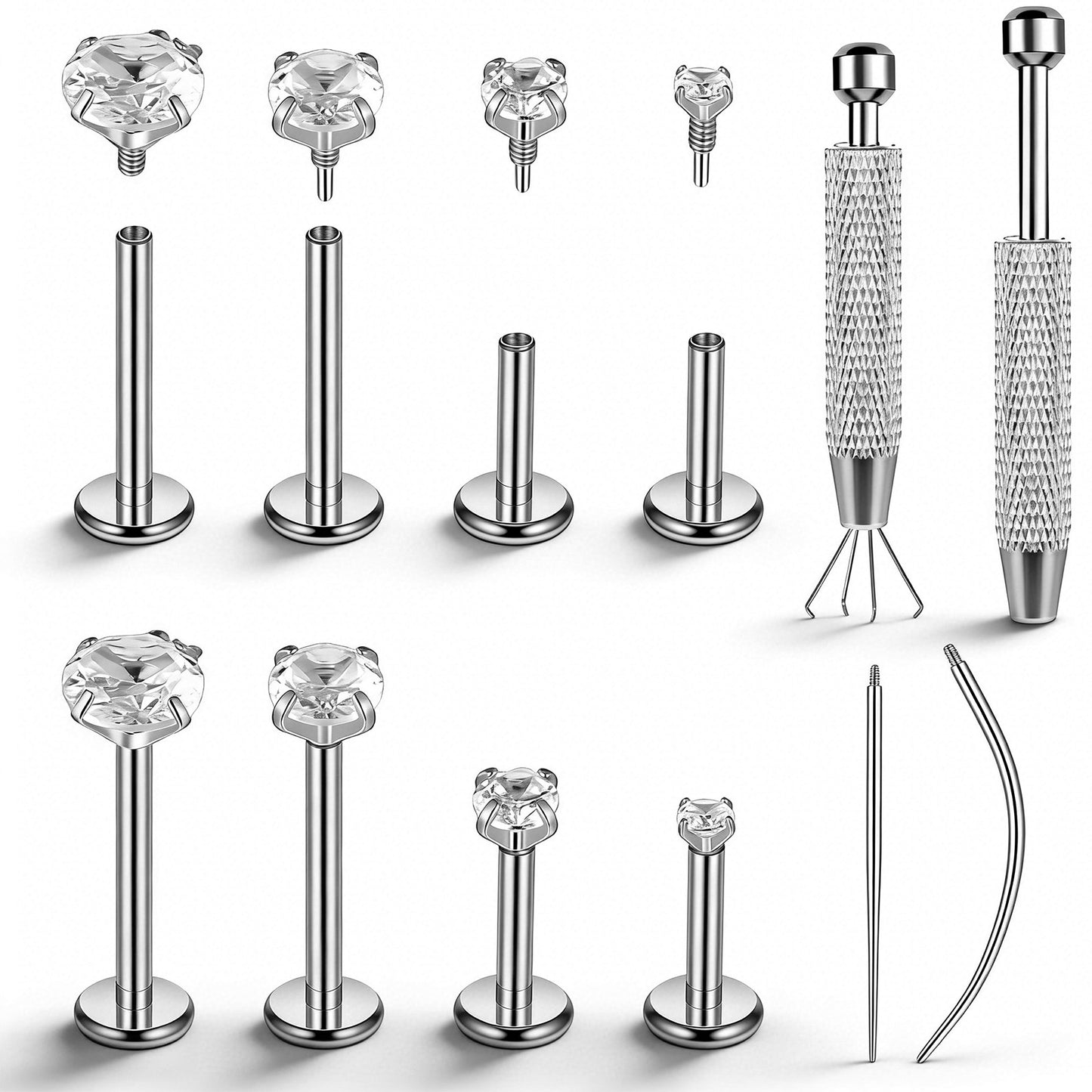 16G Flat Back Stud Earrings for Women Men, Surgical Steel Internal Thread Tragus Helix Cartilage Conch Nose Piercing Jewelry, With Piercing Ball Grabber Tool, 4 Pairs 2mm 3mm 4mm 5mm Silver