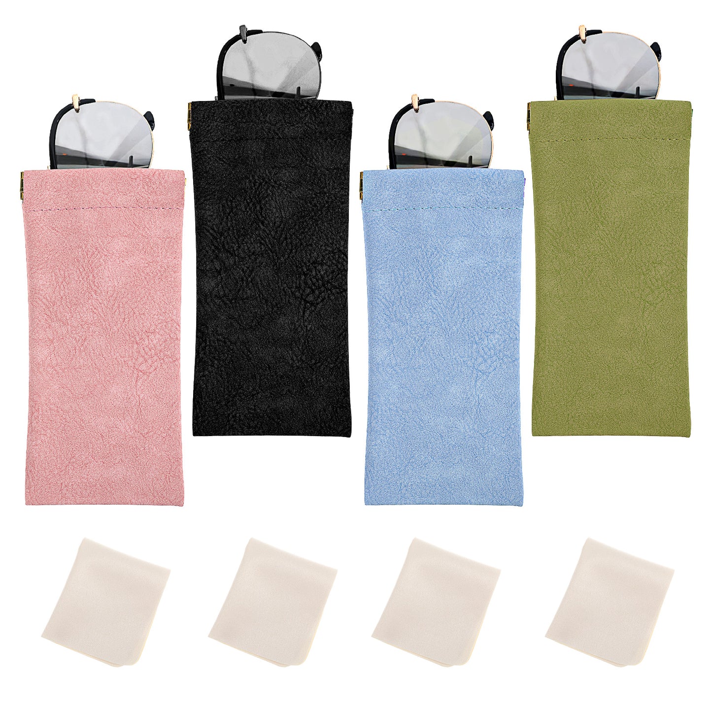 Tucnoeu Glasses Case Soft,4 Pcs Leather Sunglasses Pouch 4 Colors Squeeze Top Sunglasses Case Lightweight Eyeglass Cases For Women Men (Green/Blue/Black/Pink)