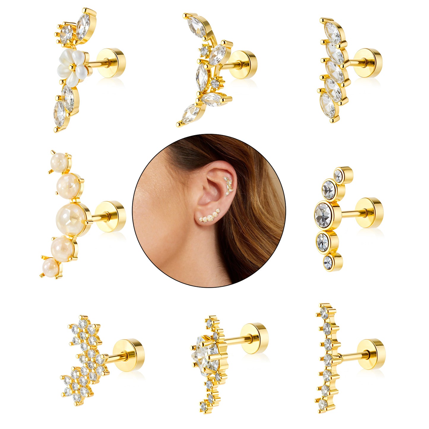 Yolev 8 PCS 16G Cartilage Earrings Helix Piercing Jewelry Back Earrings Helix Piercing Jewelry Opal Stud Earrings Set Flower Leaf Screw Back Earrings Piercing Jewelry (Gold)