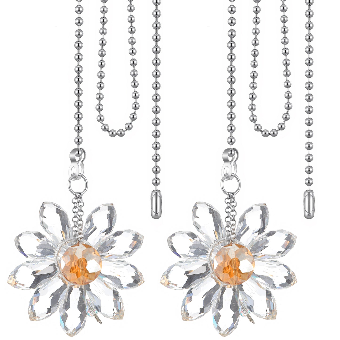 2Pcs Ceiling Fan Pull Chain 2" Crystal Glass Flower Pendants Premium Fan Pull Chains with 20" Ceiling Fans Chain Extender and Connector Crystal Fans Pulls Decorative for Bathroom Toilet Light Ceilings