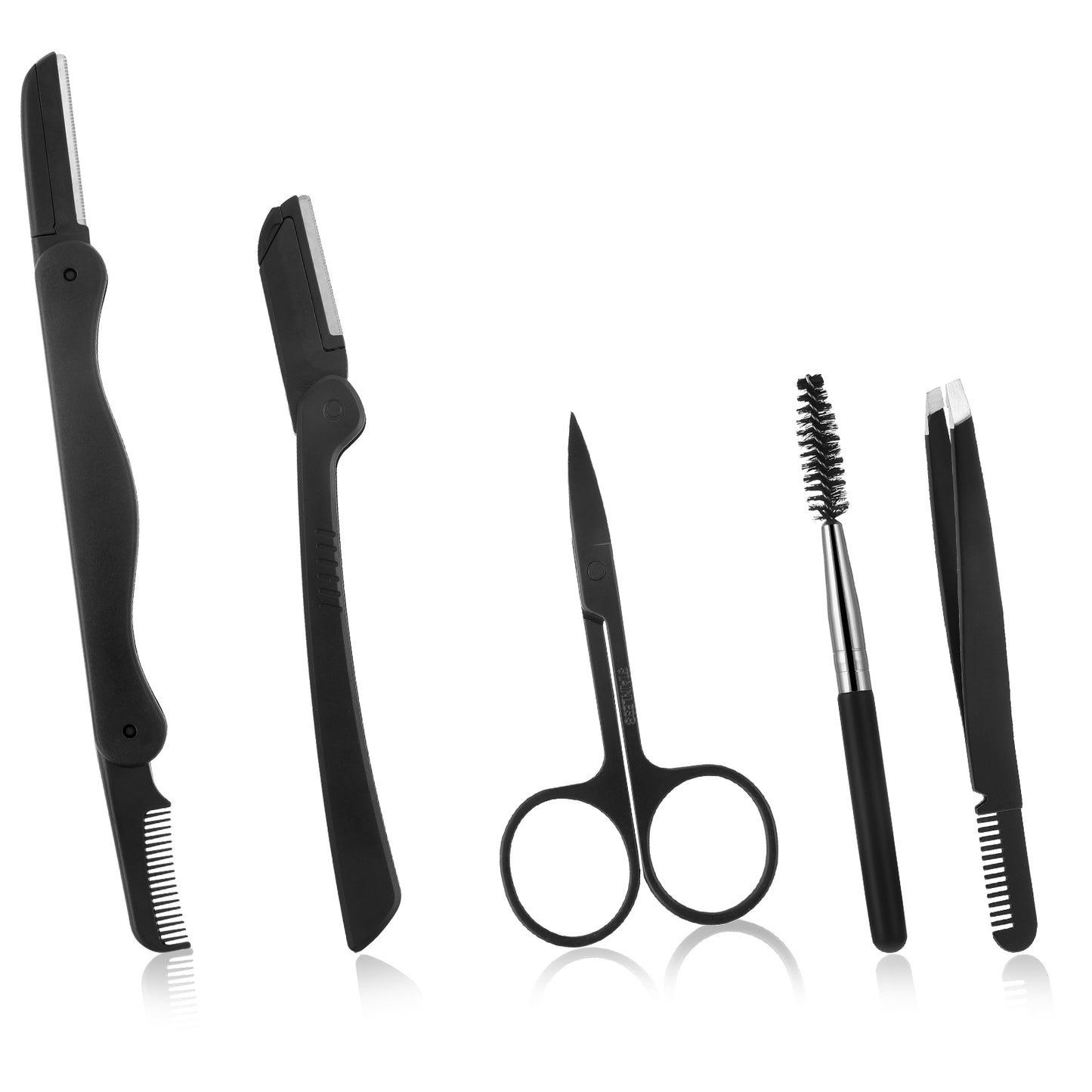 Telooco 5Pcs Eyebrow Kit Stainless Steel Comb Tweezer Scissor Brow Razor Eyebrow Brush Set 5 in 1 Eyebrow Shaping Kit Eyebrow Grooming Kit for Eyebrows False Eyelashes Nose Hair Beard