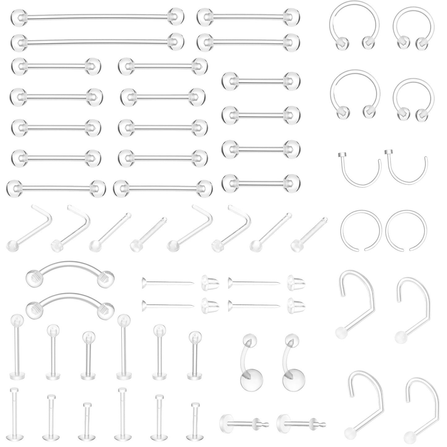 60 Pcs Clear Piercing Retainers for Surgery Bioflex Plastic Jewelry for Nose Ring Septum Retainer Eyebrow Lip Cartilage Tragus Earrings Belly Nipple Tongue Industrial Lip Labret Rings Studs for Work