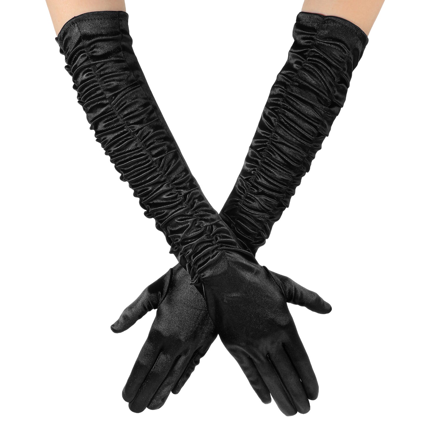 Black Long Satin Gloves Women Shirred Formal Gloves 1920s Gatsby Accessories for Opera Masquerade Tea Party Wedding