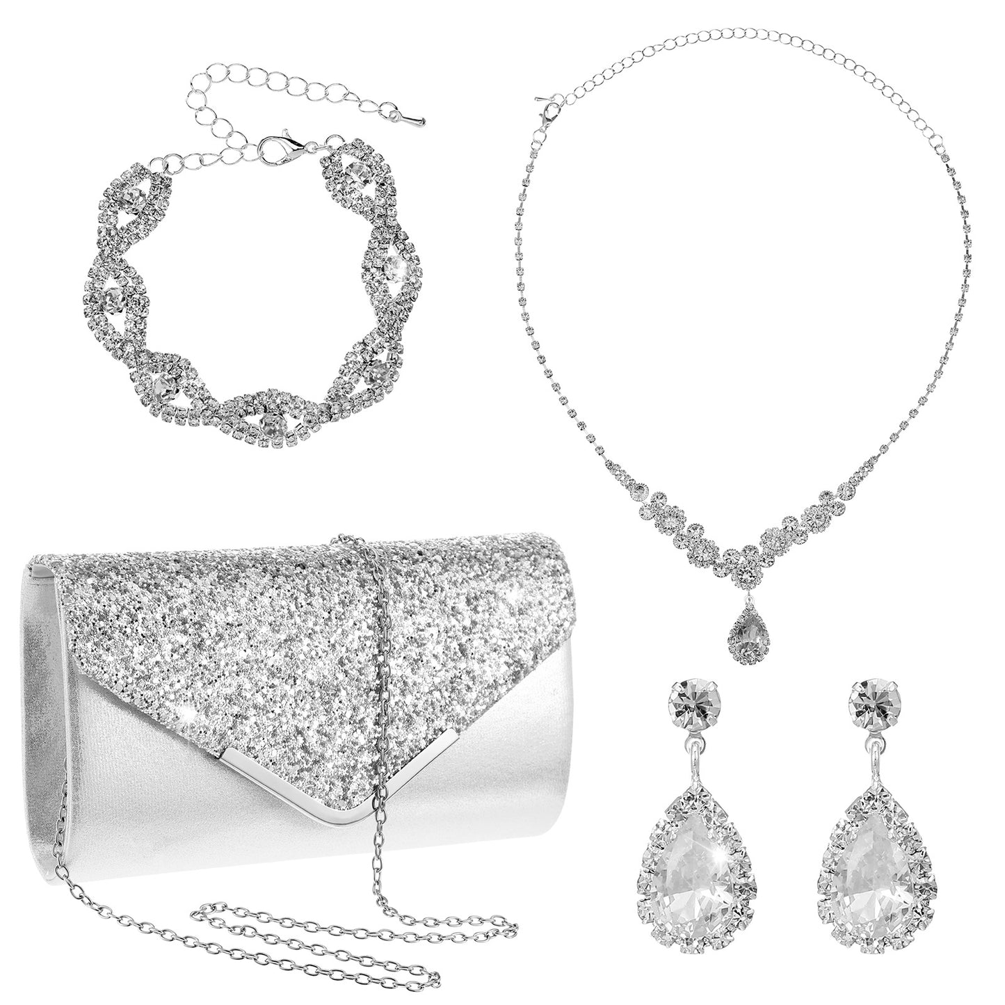 Yolev Bridal Jewellery Set with Gold Clutch Bag for Weddings Rhinestone Necklace, Bracelet, Earrings, Prom Jewellery Set for Brides & Bridesmaids