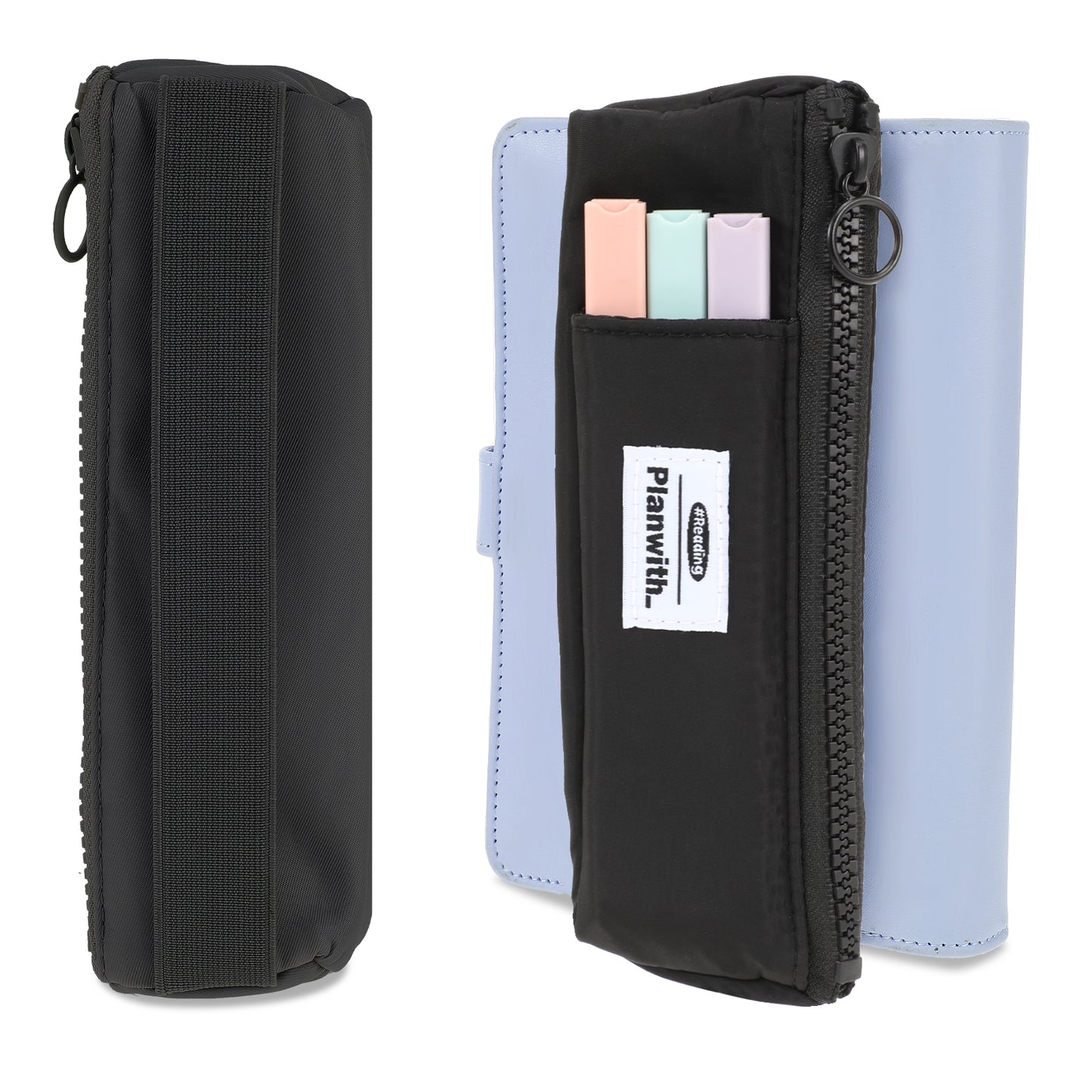 Elastic Pen Holder for Notebook, Zipper Notebook Pencil Pouch Small Pencil Holder Pouch with Adjustable Elastic Band Slim Pencils Bag Journal Pen Holders for Office Home Stationary Supplies(Black)