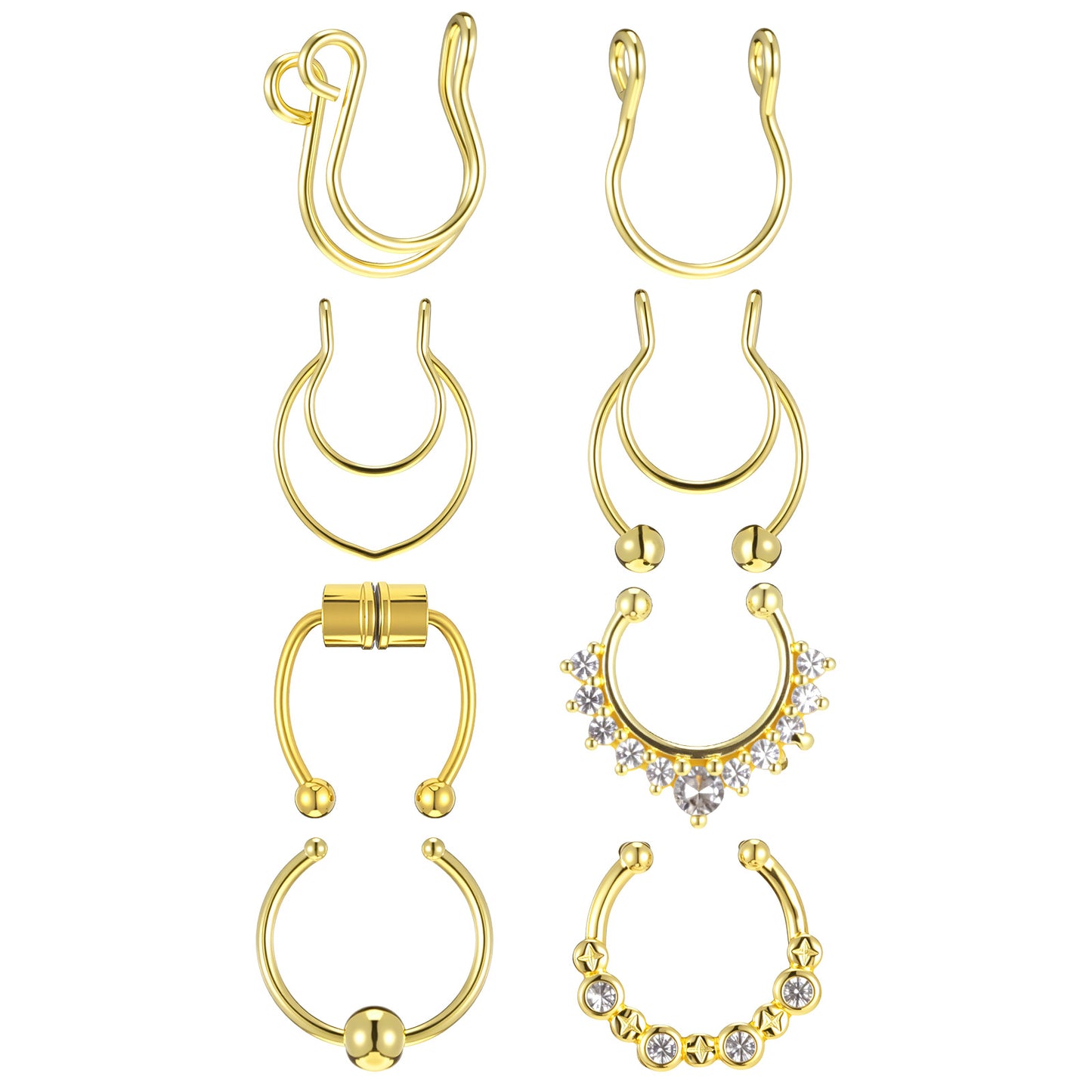 HaiFafafaing 8pcs Fake Nose Ring Gold Fake Septum Piercing Magnetic Clip on Fakes Piercings Stainless Steel Non Piercing Jewellery For Women Men