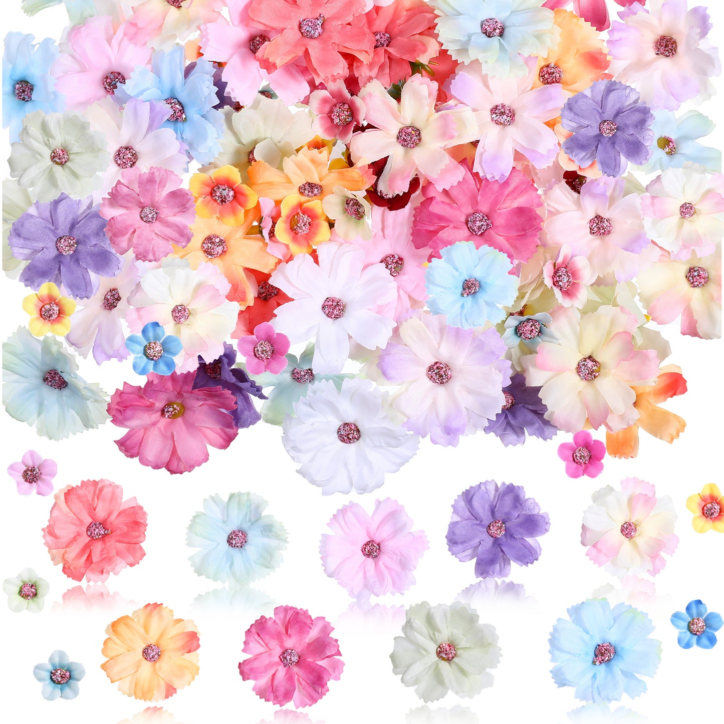 Meyeyaia 100PCS Mini Flowers for Crafts, Small Fake Flower Heads, Daisy Orchids, Fabric Fake Flowers for Crafts Suitable for DIY Wreaths, Weddings, Home Decoration