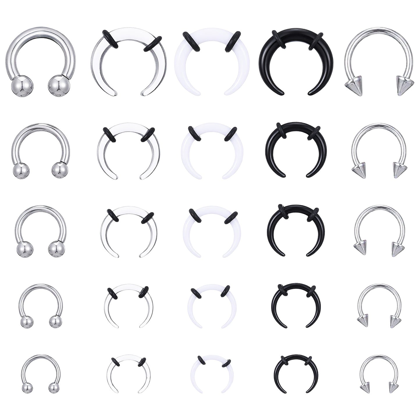 Yolev 25pcs Septum Pincher Tapers 6G 8G 10G 12G 14G Horseshoe Septum Rings Acrylic Stainless Steel Septums Stretching Kit Internally Threaded Spike Ear Cartilage Nose Stretch Kit for Women Men