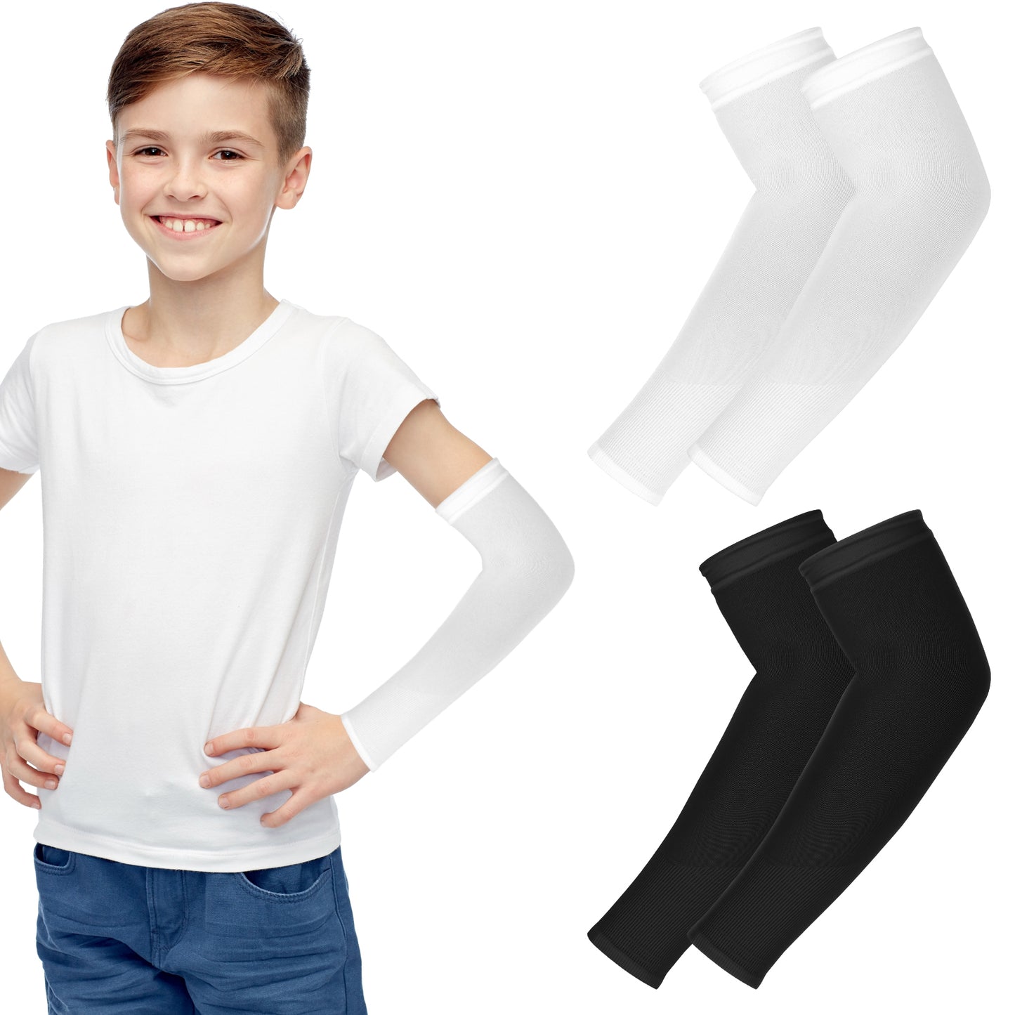 Tucnoeu 2 Pairs Sun Protection Arm Sleeves for Kids, UPF 50 Arm Cover for Boys & Girls, Ideal for Cycling, Golf, Outdoor Sports, Black(Black+White)
