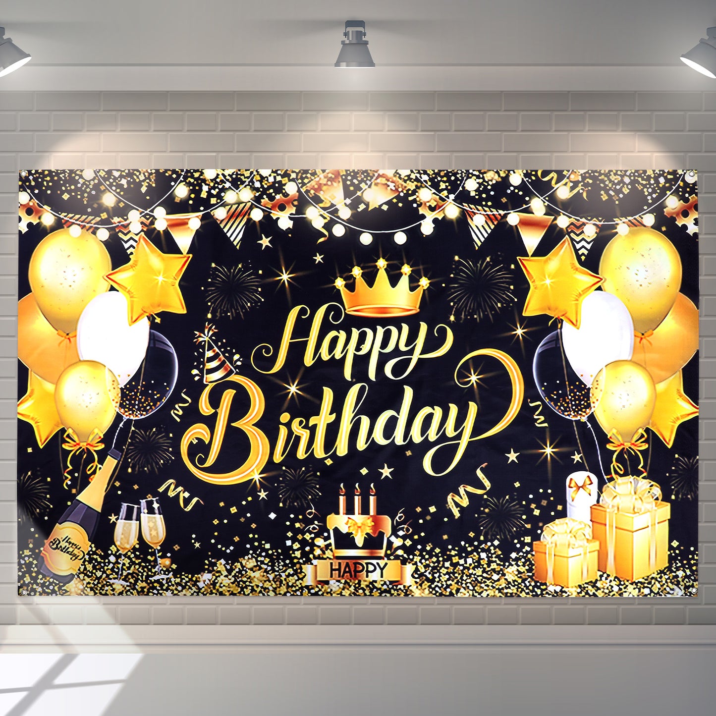 6x4FT Happy Birthday Backdrop Banner For Men Glitter Black Gold Birthday Background For Party Decoration, Vinyl Material, Lightweight, Wrinkle-Resistant
